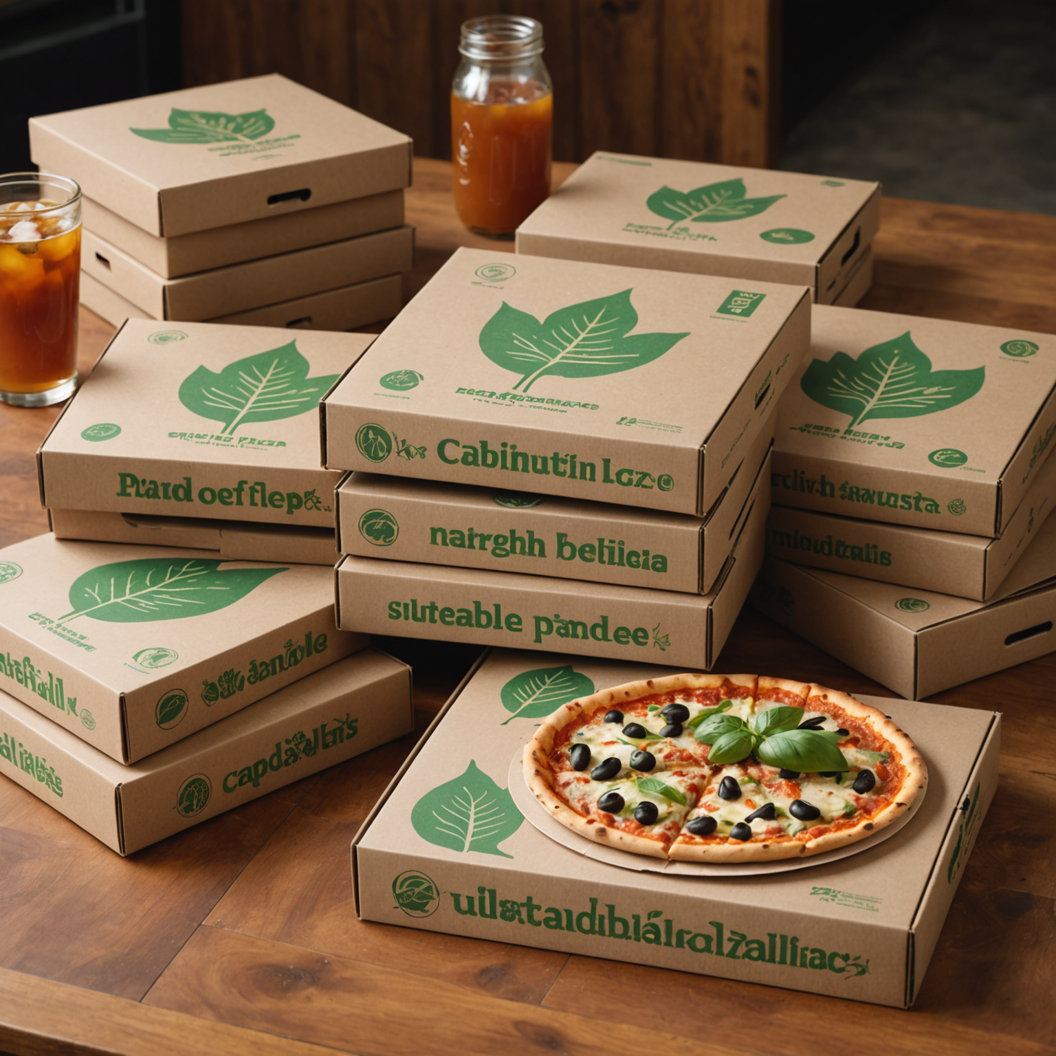 Eco-friendly pizza boxes made from recycled cardboard, showing green leaf logo and sustainability messaging, stacked neatly with compostable utensils and napkins