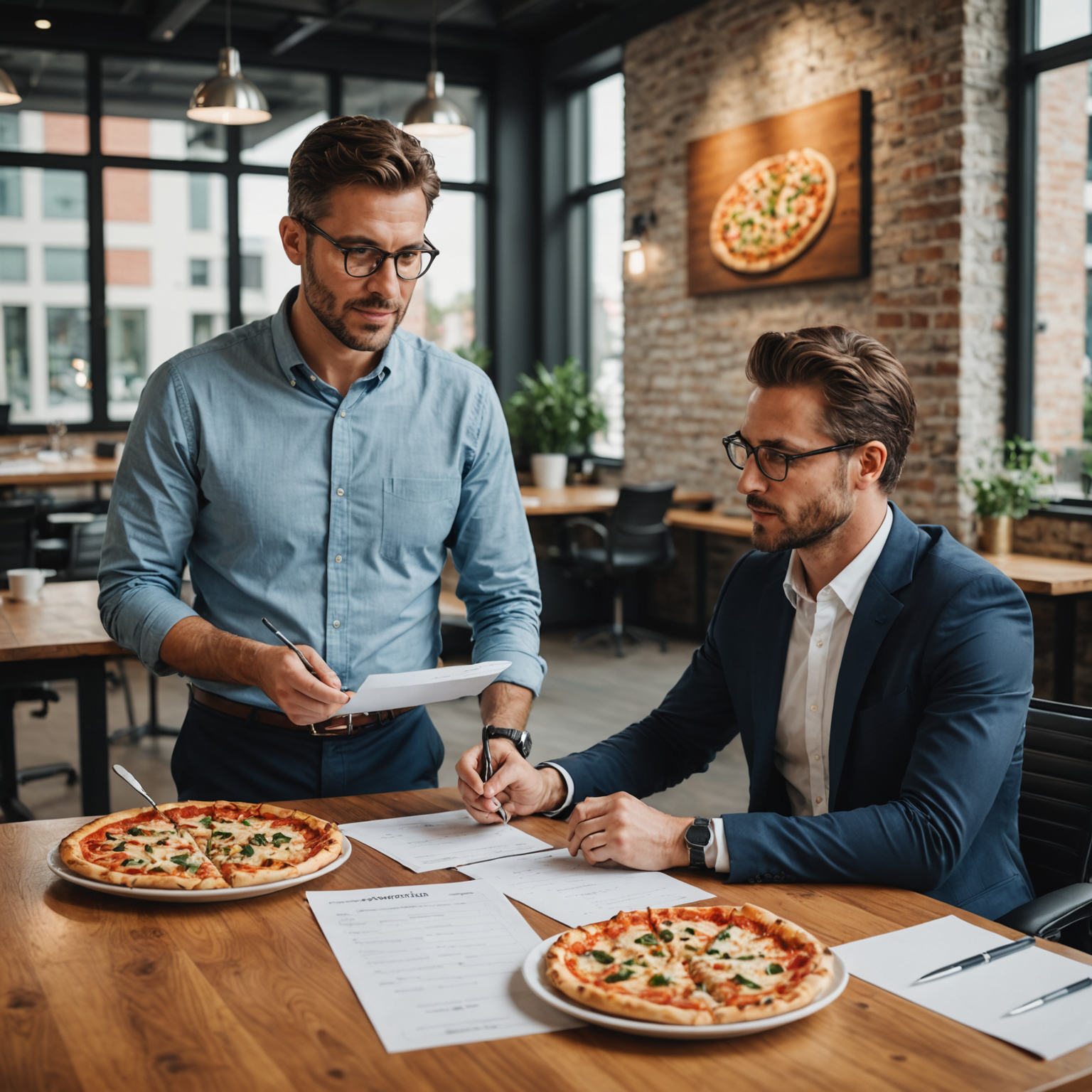 Professional Pizzaiolo account manager meeting with corporate client to discuss subscription services and menu planning in modern office setting