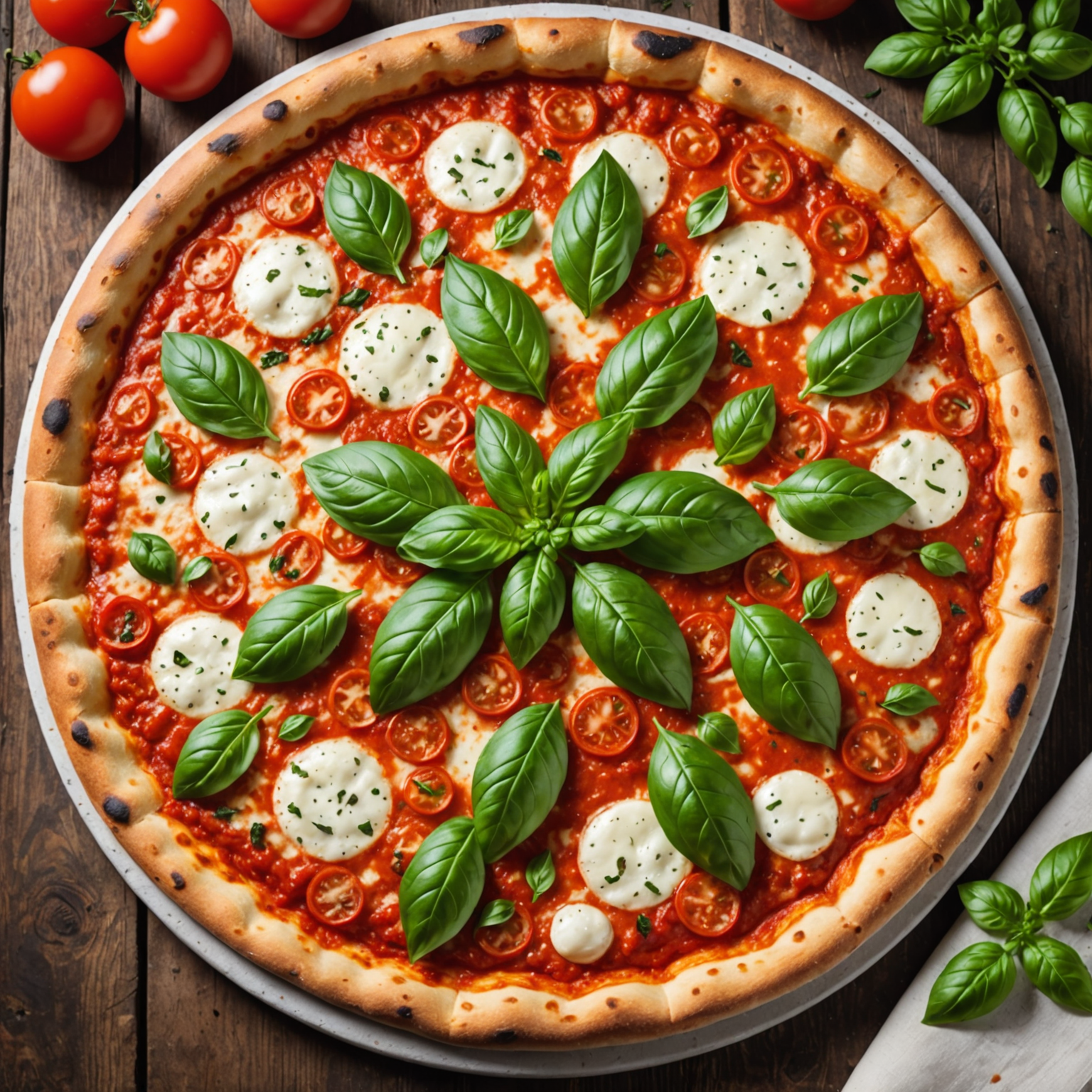 Classic Margherita pizzaiolo pizza with fresh mozzarella, San Marzano tomato sauce, and vibrant green basil leaves on wood-fired crust
