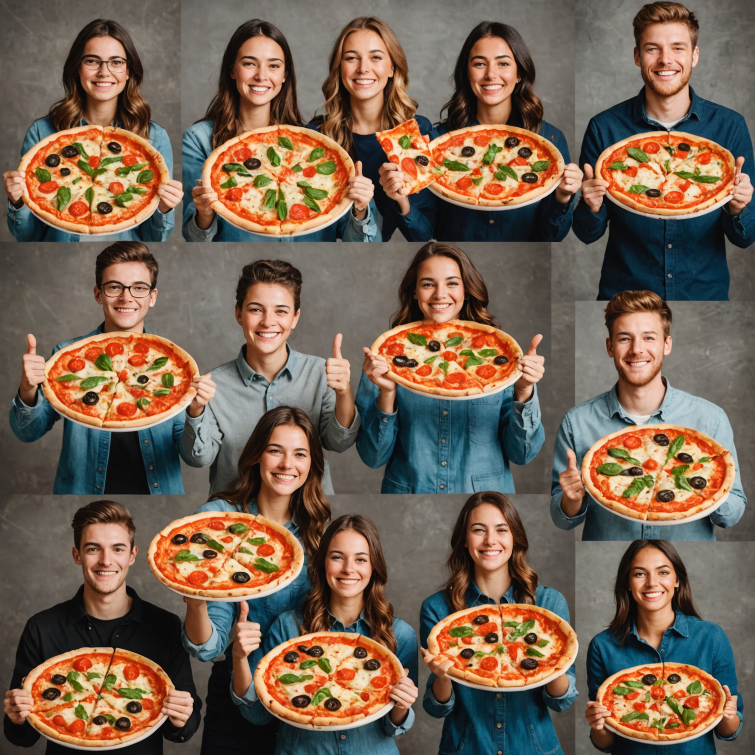 Collage of happy students holding their finished pizzas, showing various pizza styles from classic Margherita to creative gourmet combinations, with smiling faces and thumbs up