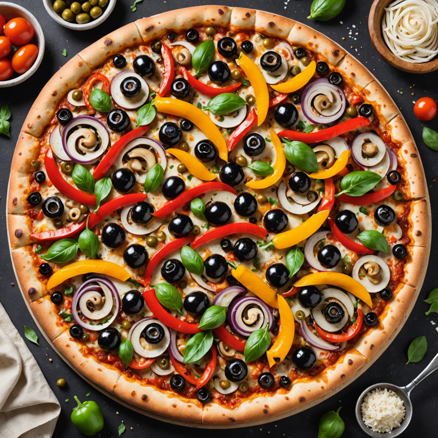 Vegetarian supreme pizzaiolo pizza with colorful bell peppers, mushrooms, onions, olives, and fresh vegetables