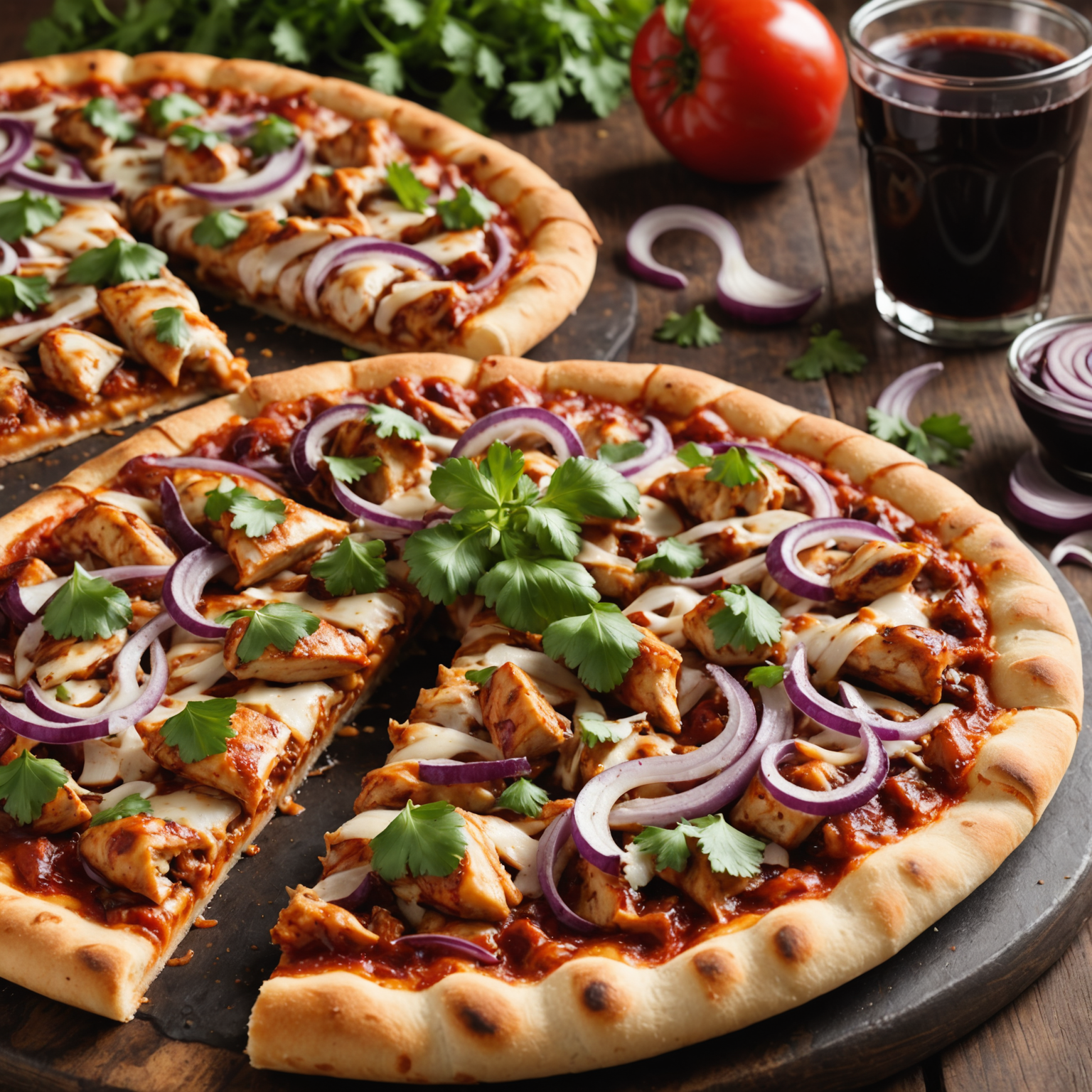 BBQ chicken pizzaiolo pizza with grilled chicken, red onions, cilantro, and tangy barbecue sauce