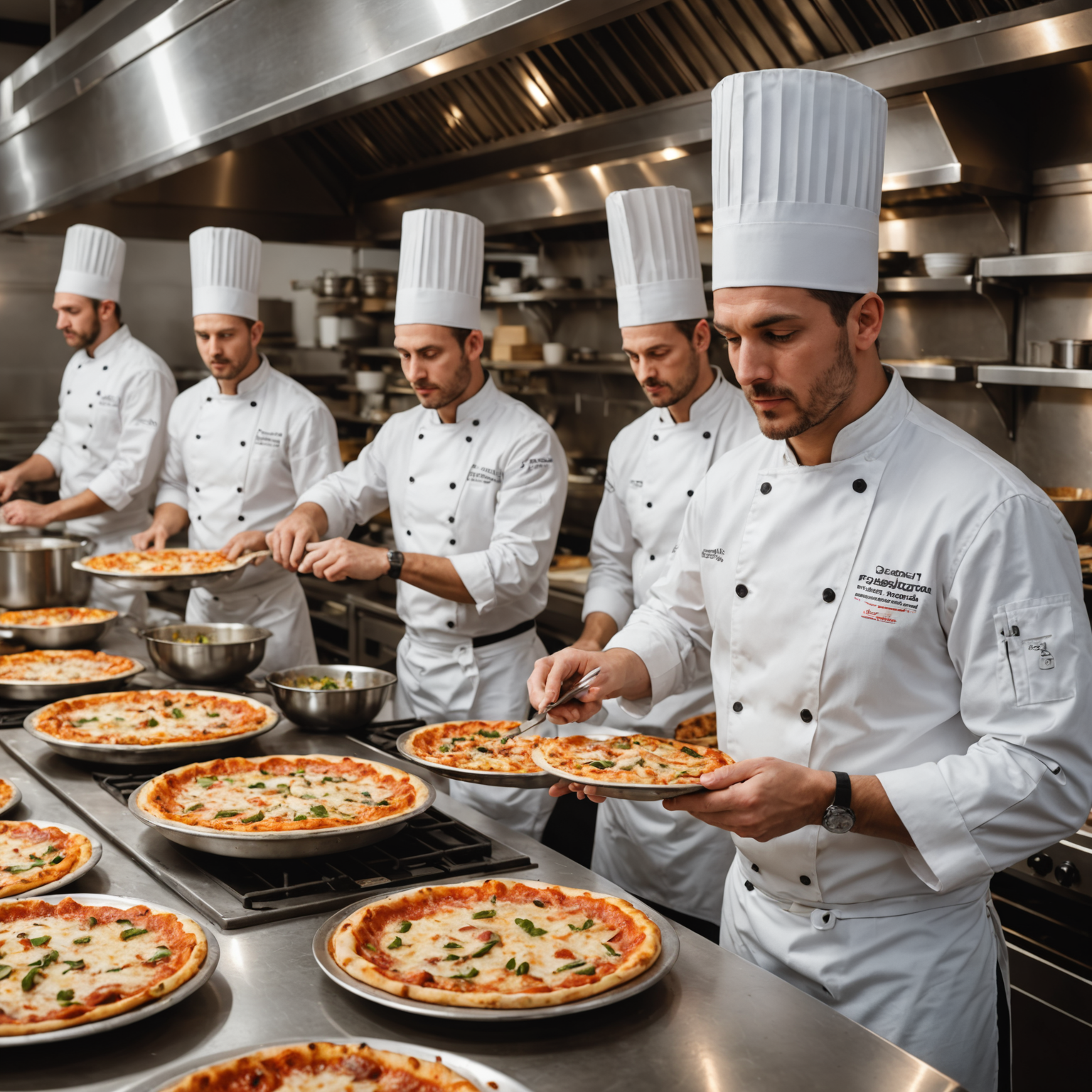 Busy pizzaiolo kitchen with professional chefs preparing multiple catering orders, showing organized workflow and quality control