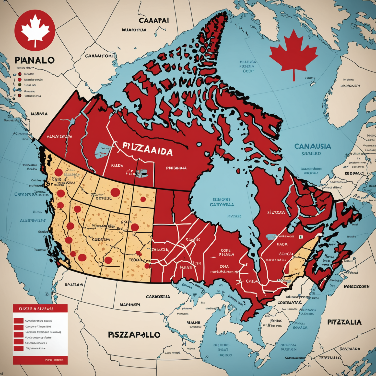 Map of Canada showing Pizzaiolo's expanded delivery network with red markers on Calgary, Ottawa, and Halifax, featuring the Pizzaiolo logo and pizza slice graphics overlaid on a stylized Canadian map with red and white color scheme