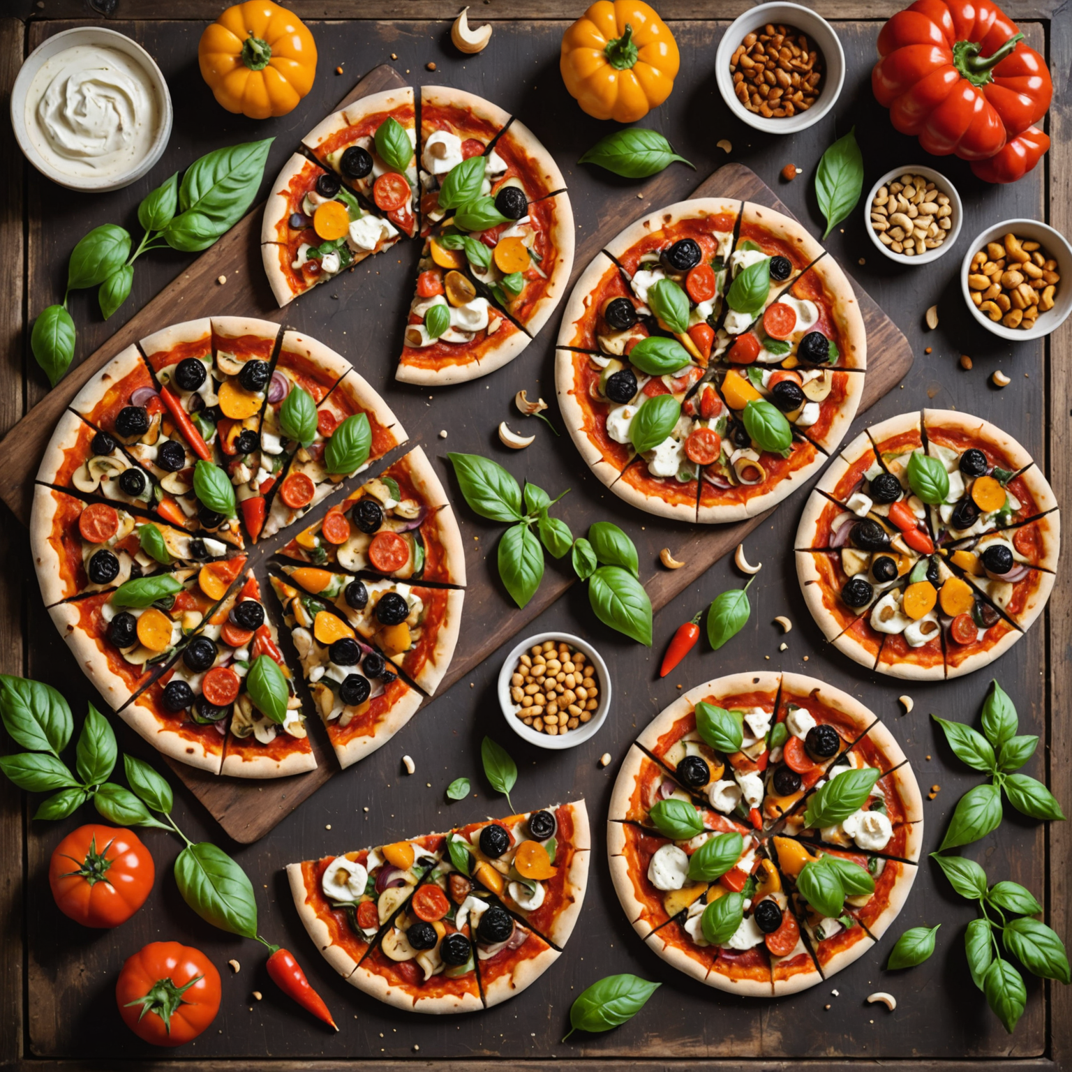 Assortment of colorful vegan pizzas with cashew-based mozzarella, plant-based pepperoni, roasted vegetables, fresh basil, and seasonal toppings arranged on a rustic wooden table with Canadian maple leaf accents