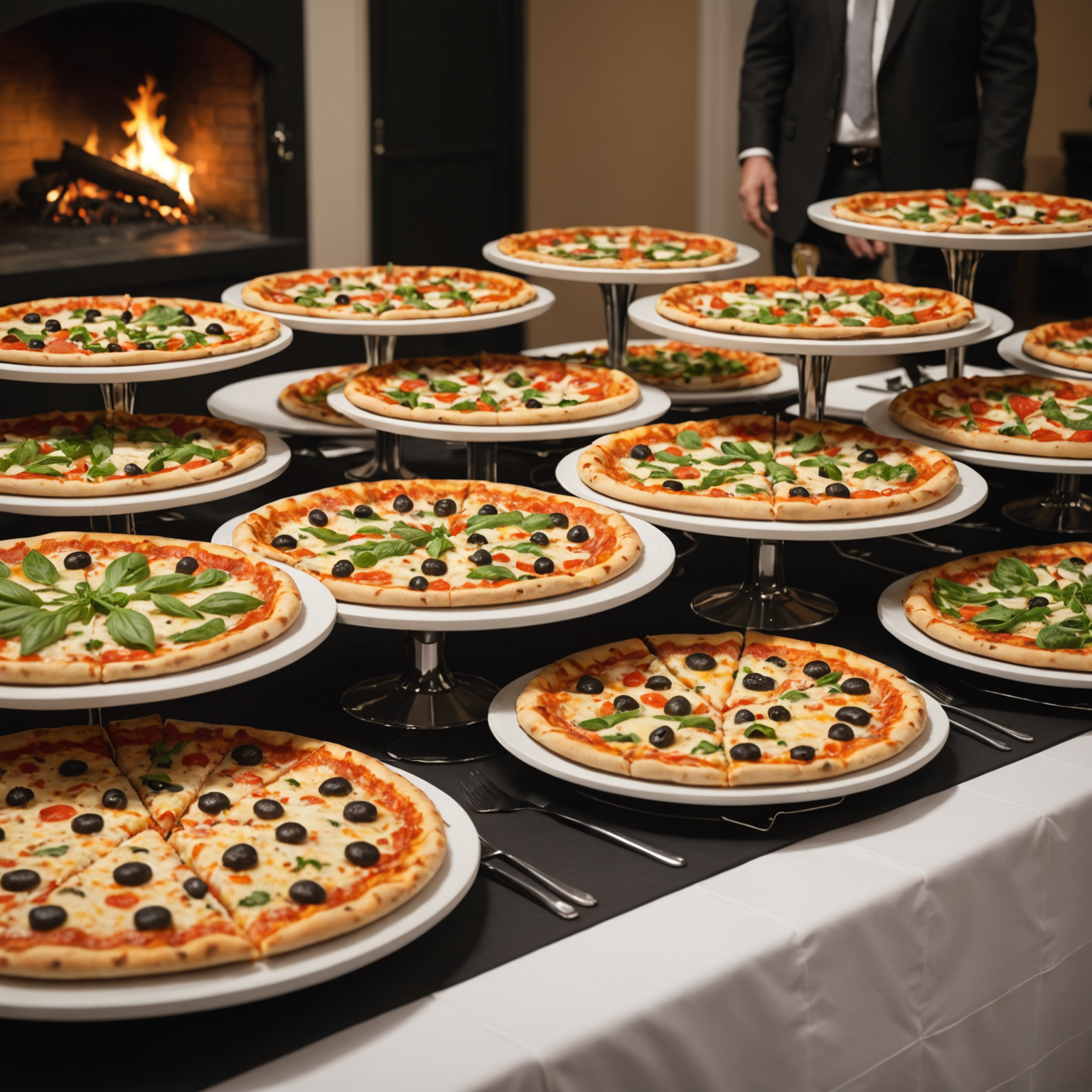 Professional pizza catering setup with various gourmet pizzas displayed on elegant serving tables at a corporate event, featuring fresh ingredients and professional presentation