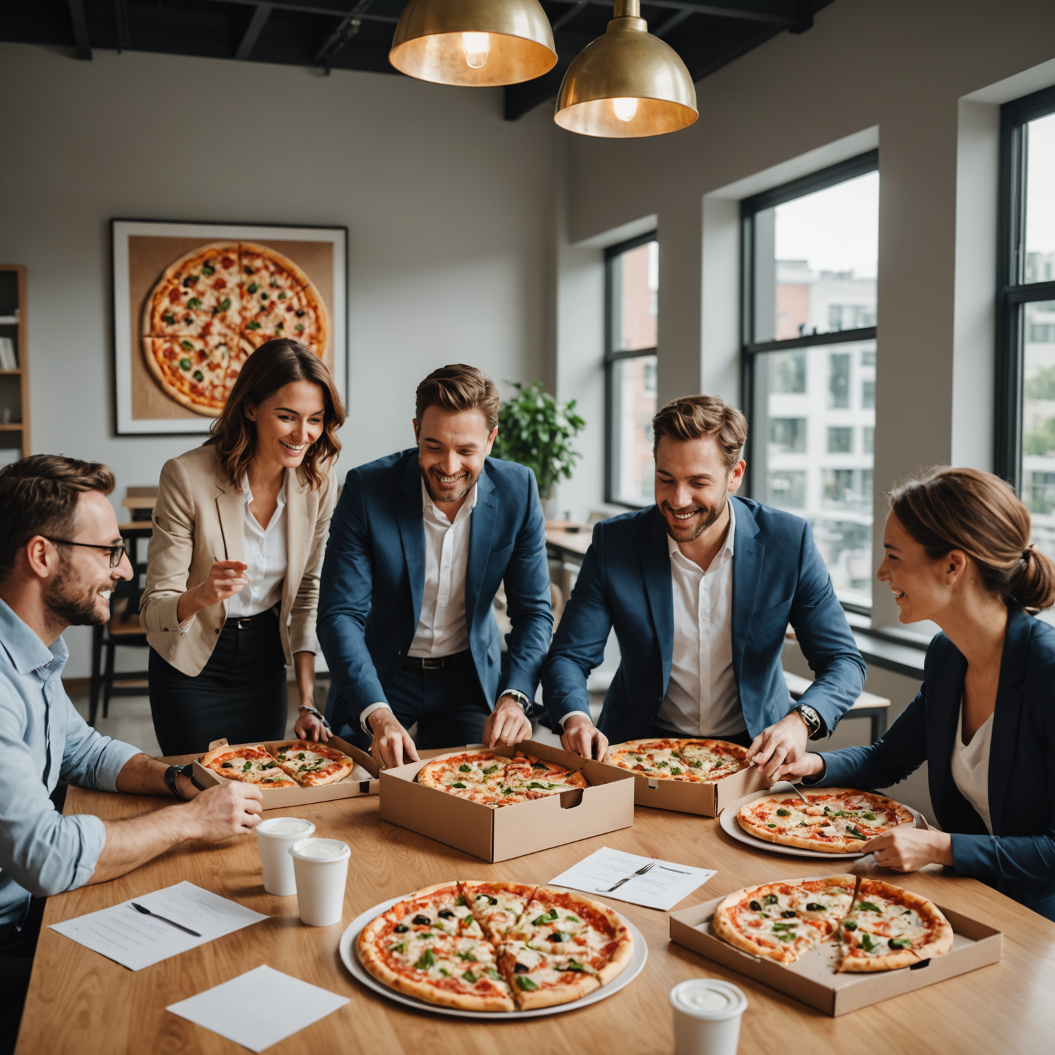 Corporate team enjoying Pizzaiolo pizza delivery during office lunch meeting with multiple pizza boxes displayed on modern conference table