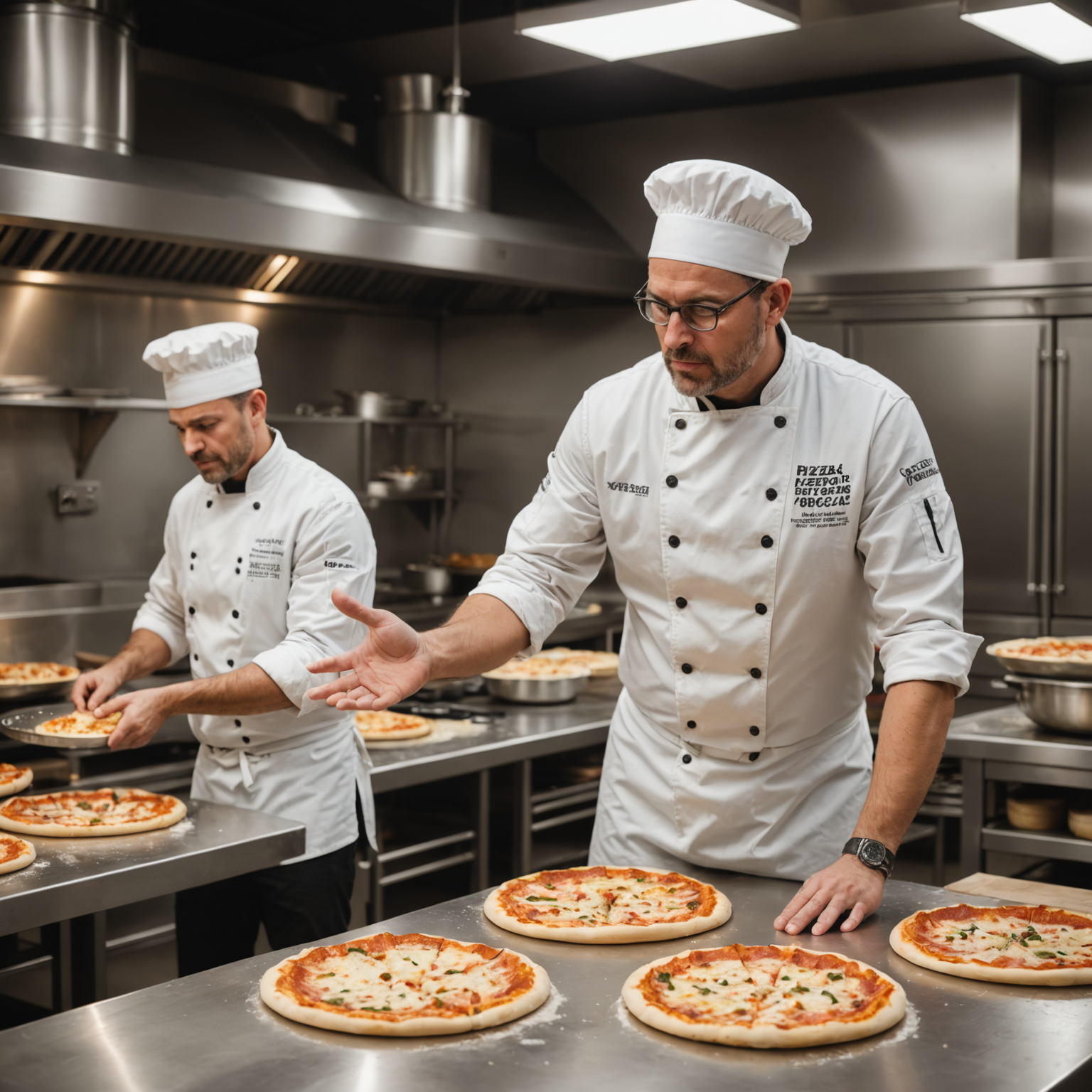 Professional pizzaiolo instructor teaching students how to stretch and toss pizza dough in a modern kitchen classroom with stainless steel counters and pizza ovens in the background