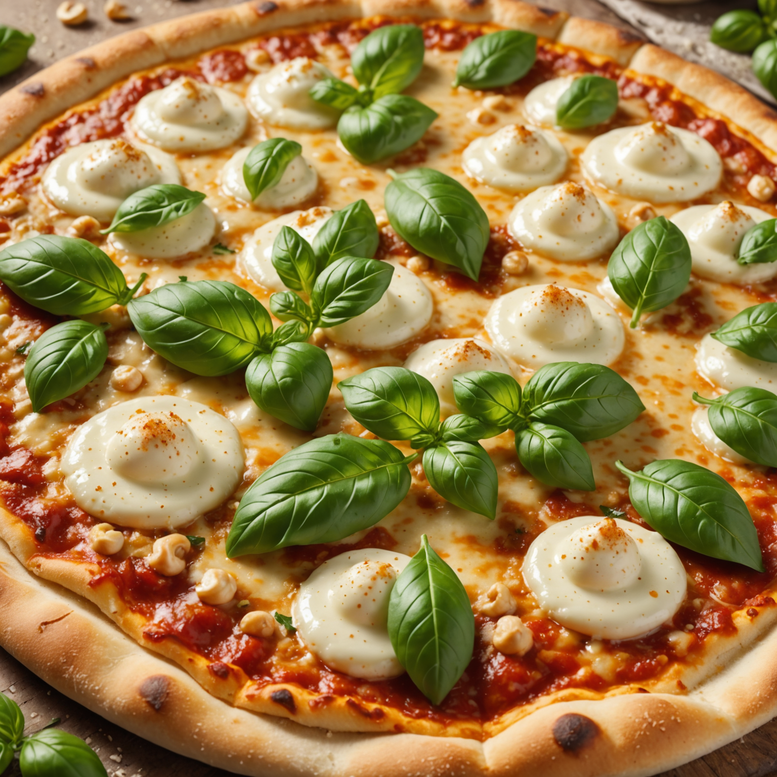 Close-up of creamy cashew-based mozzarella cheese melting on a freshly baked pizza crust, showing stretchy texture and golden-brown bubbles, garnished with fresh basil leaves