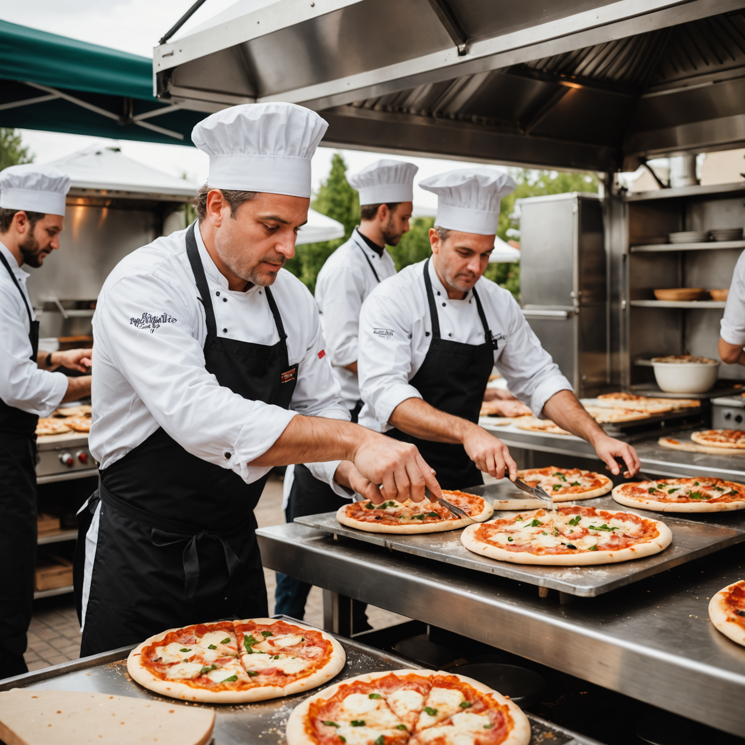 Professional pizzaiolo catering team preparing fresh artisan pizzas in a mobile kitchen setup, with chefs tossing dough and arranging toppings