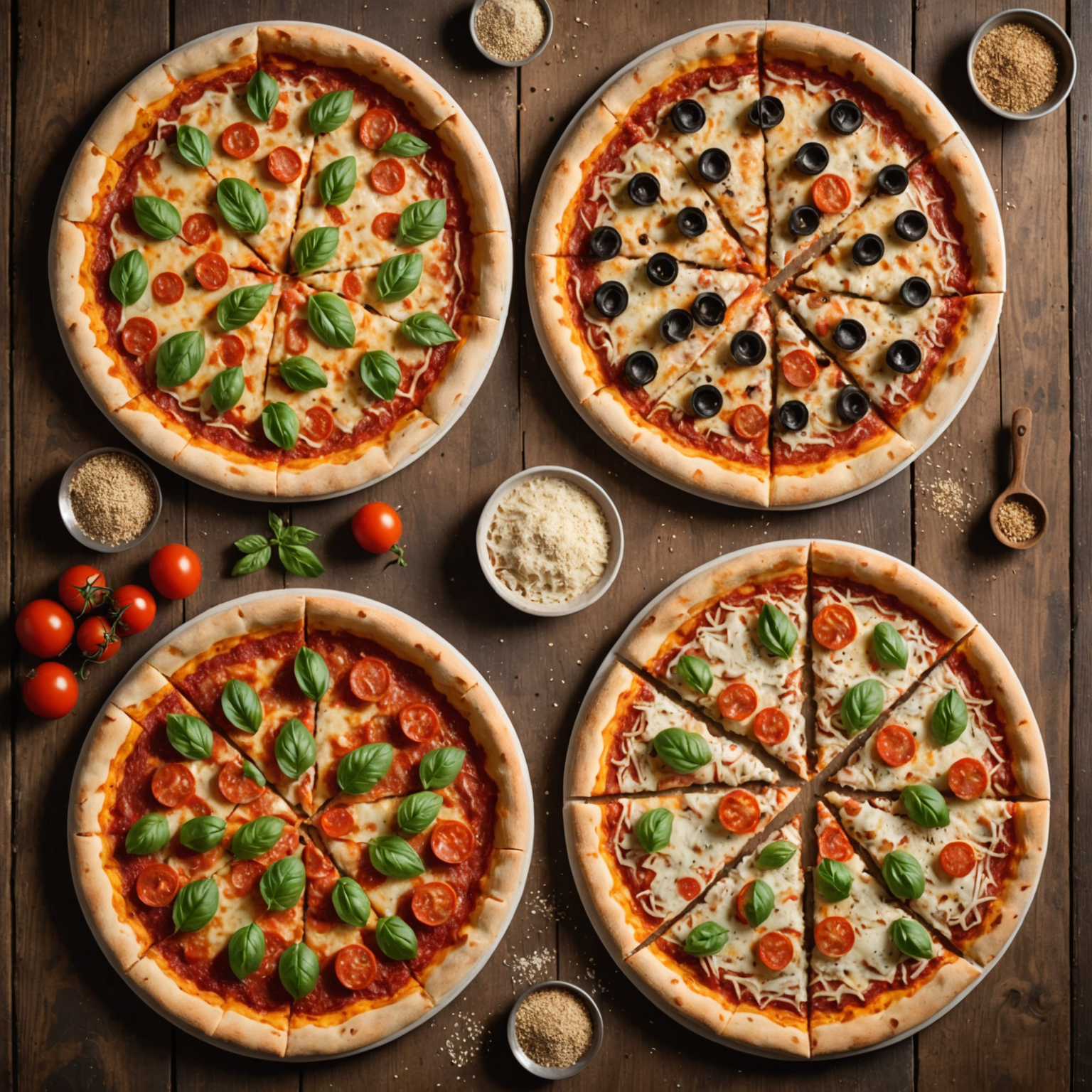 Five different pizza crusts displayed side by side showing traditional hand-tossed, thin and crispy, thick pan, gluten-free, and whole wheat options, each with distinct texture and color characteristics on a rustic wooden board