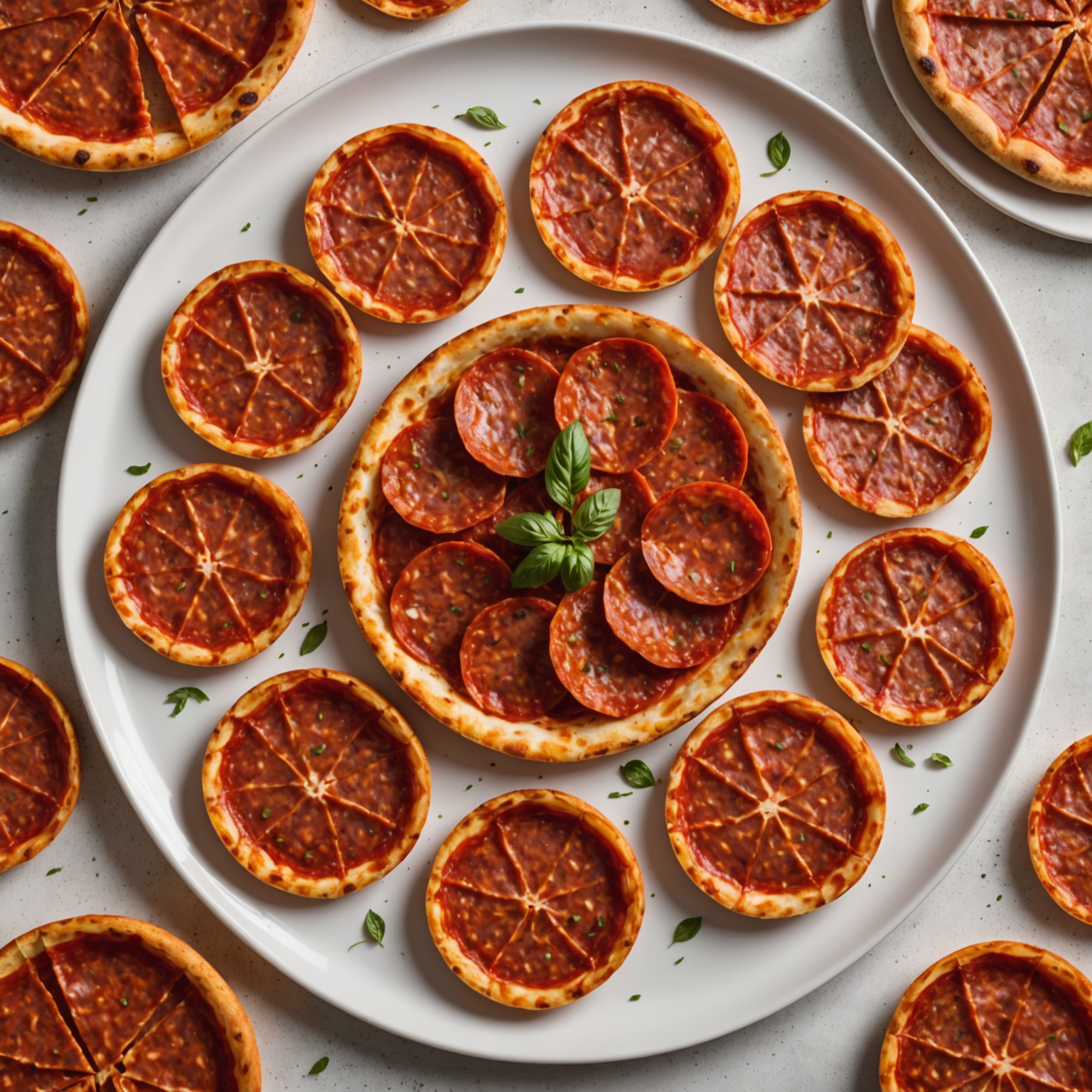 Artisanal plant-based pepperoni slices arranged in a circular pattern, showing realistic texture and color with slight charring around edges, on a white ceramic plate