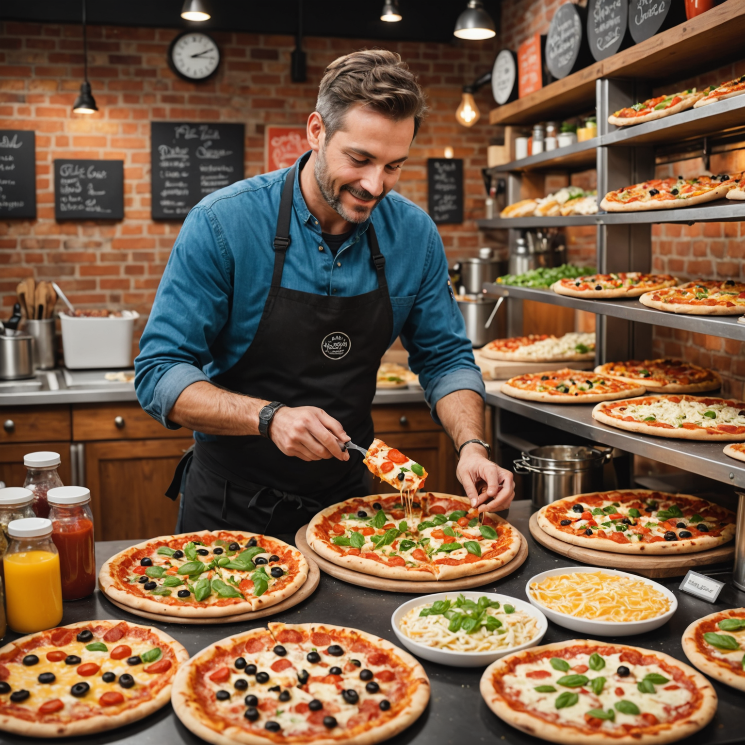 Pizza customization station with fresh ingredients display showing over 30 colorful toppings in containers, various cheese blends, specialty sauces, different crust options including gluten-free, and pizzaiolo chef preparing custom pizza