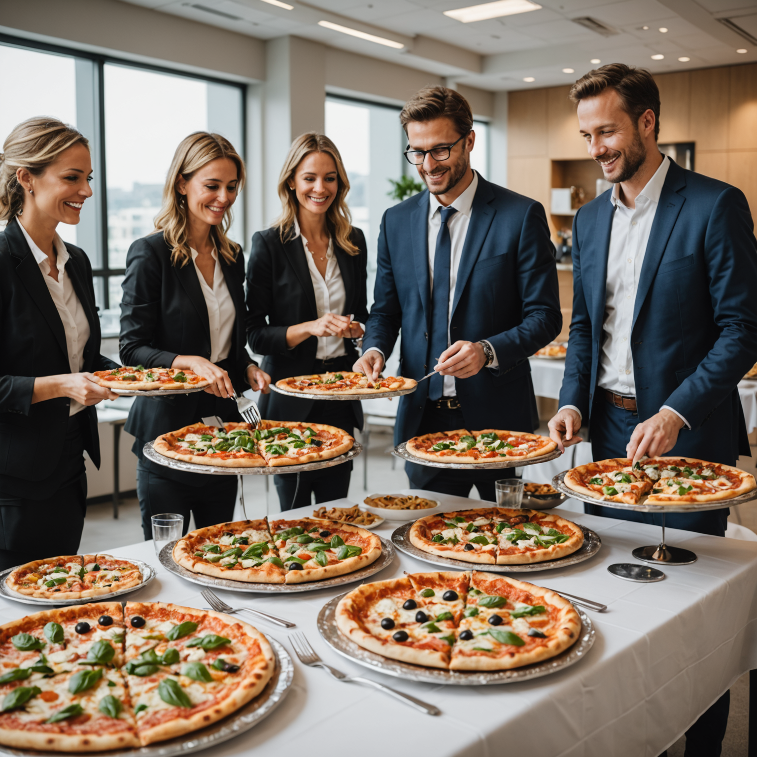 Professional pizza catering setup at corporate office event with business professionals enjoying gourmet pizzas during lunch meeting
