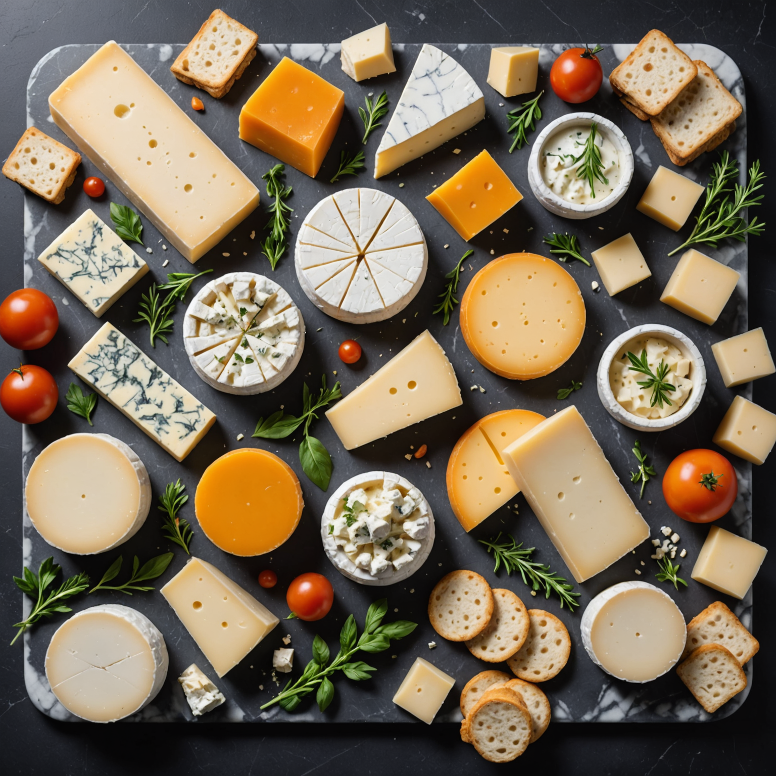 Assortment of premium cheese varieties including mozzarella, aged cheddar, provolone, feta, gorgonzola, ricotta, parmesan, and vegan cheese displayed on a marble board with fresh herbs and crackers