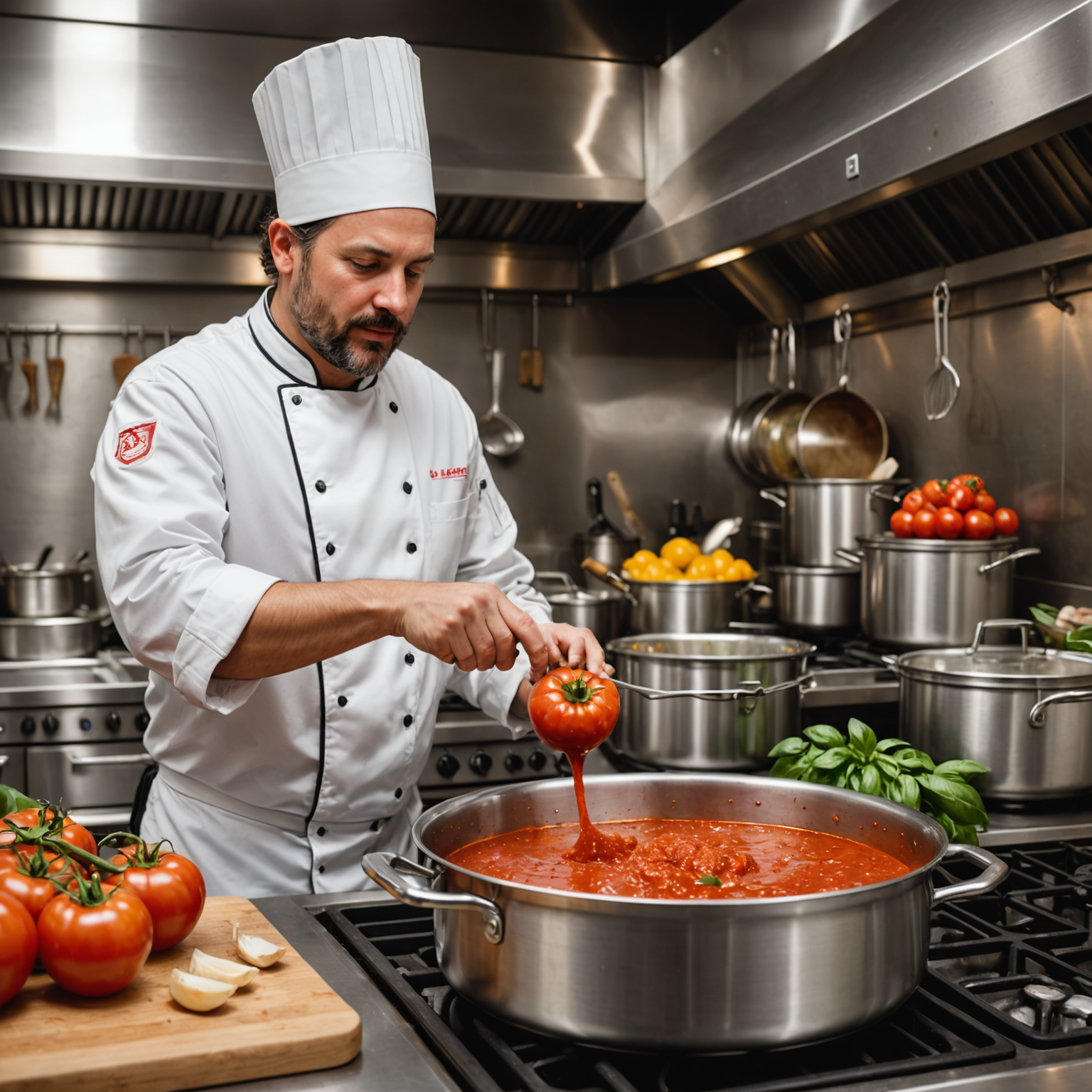 Chef stirring rich red tomato sauce in a large stainless steel pot with fresh basil leaves, garlic cloves, and San Marzano tomato cans visible on the counter
