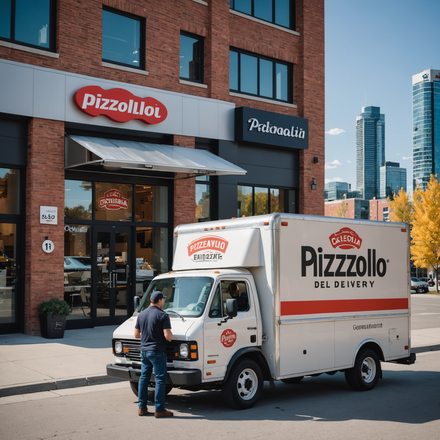 Pizzaiolo delivery truck with company branding parked outside a modern kitchen facility in Calgary, with staff members loading pizza boxes, Canadian cityscape in background, professional commercial photography