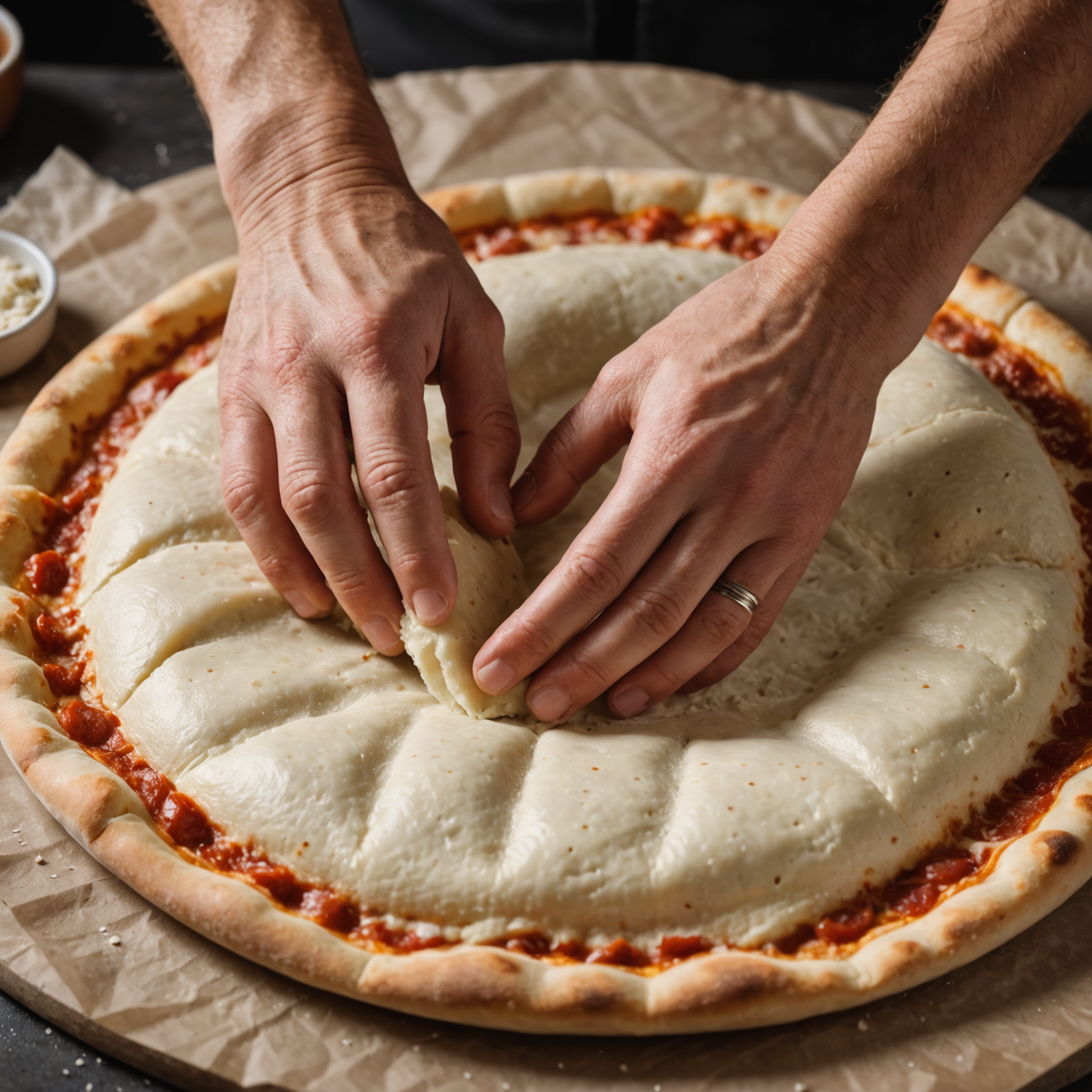Close-up of skilled hands stretching perfectly fermented pizza dough, showing the characteristic air pockets and elasticity that result from 72-hour fermentation and premium flour