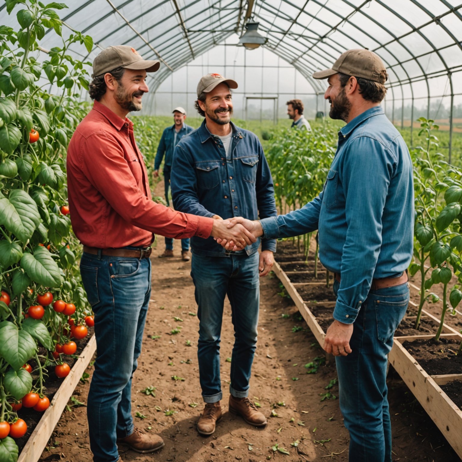 Pizzaiolo team members visiting a partner farm, shaking hands with farmers in front of greenhouse filled with tomato plants, representing the strong relationships built through local sourcing partnerships for pizzaiolo pizzeria