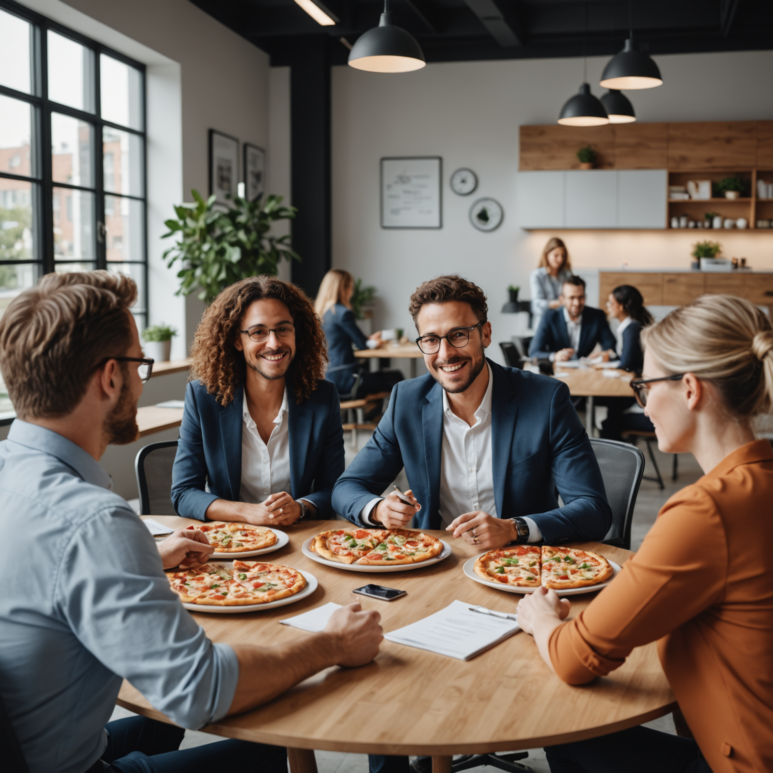 Modern office lunch room with business professionals enjoying pizza delivery, corporate meeting with pizza boxes on conference table, subscription plan documents, and account manager discussing bulk ordering options with office team