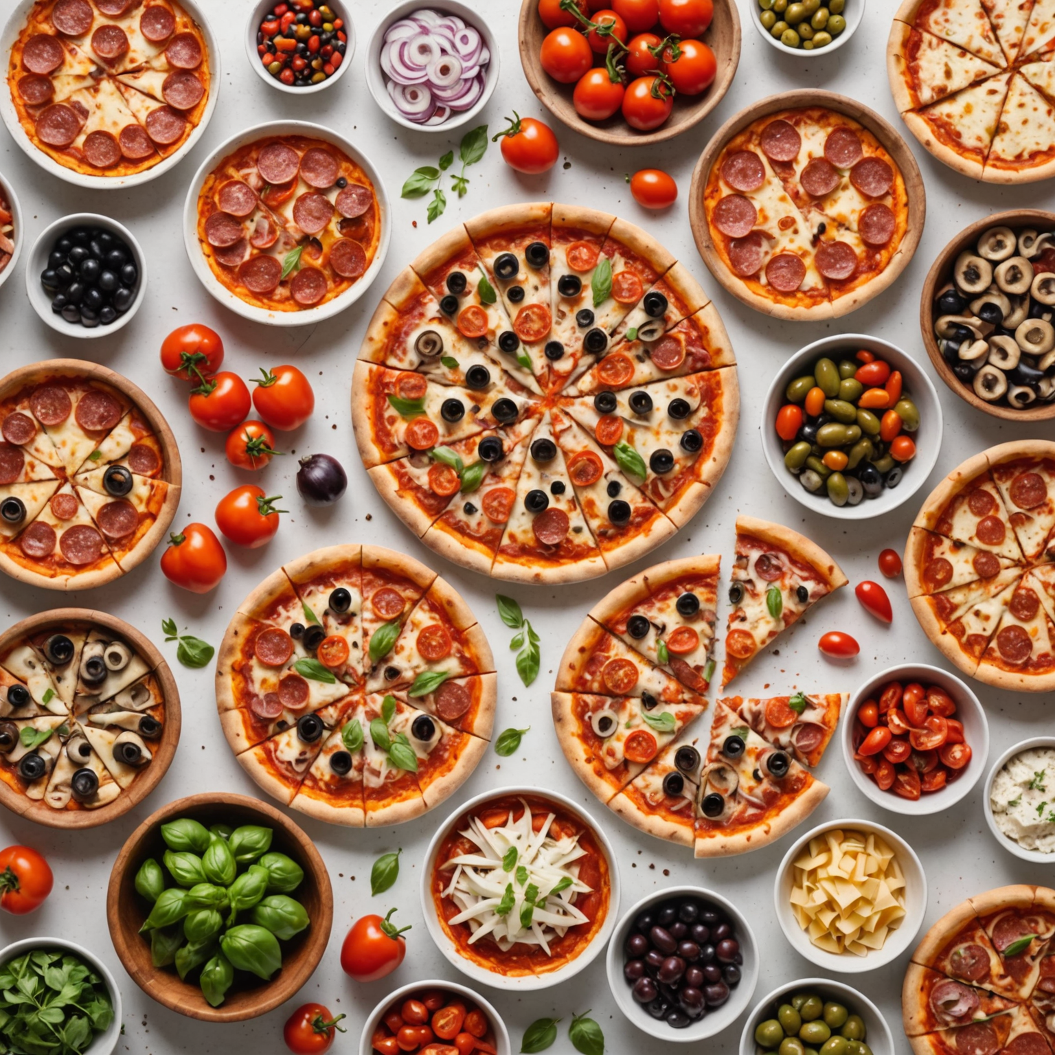 Overhead view of fresh pizza toppings arranged in small bowls including pepperoni, mushrooms, bell peppers, olives, onions, tomatoes, various meats, cheeses, and herbs on a clean white surface with a pizza peel in the background