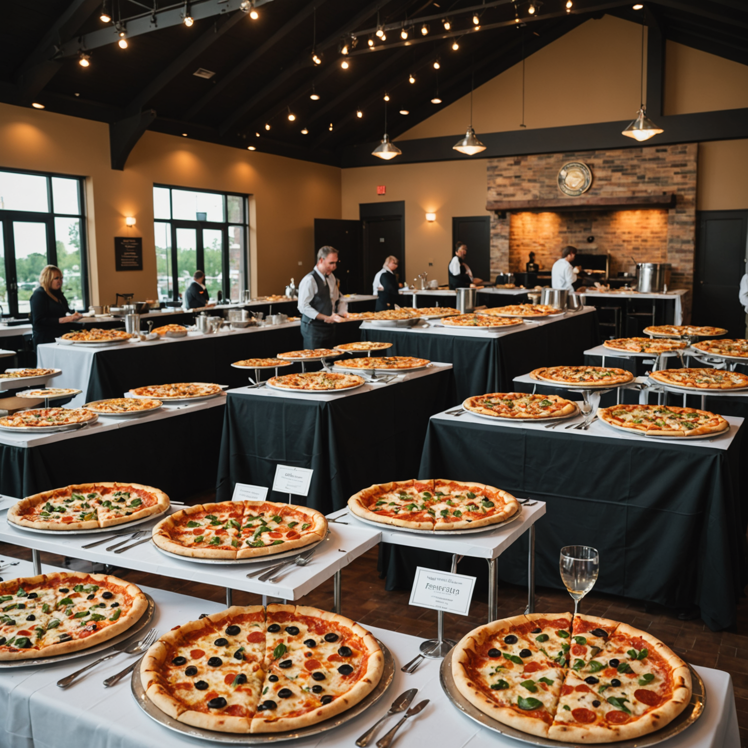 Large corporate event featuring extensive Pizzaiolo pizza catering with multiple serving stations and diverse pizza selections for enterprise clients
