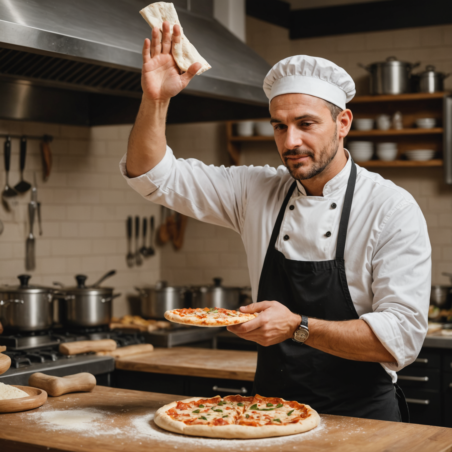 Pizzaiolo demonstrating the classic hand-stretching technique with pizza dough spinning in the air above their hands in a professional kitchen setting