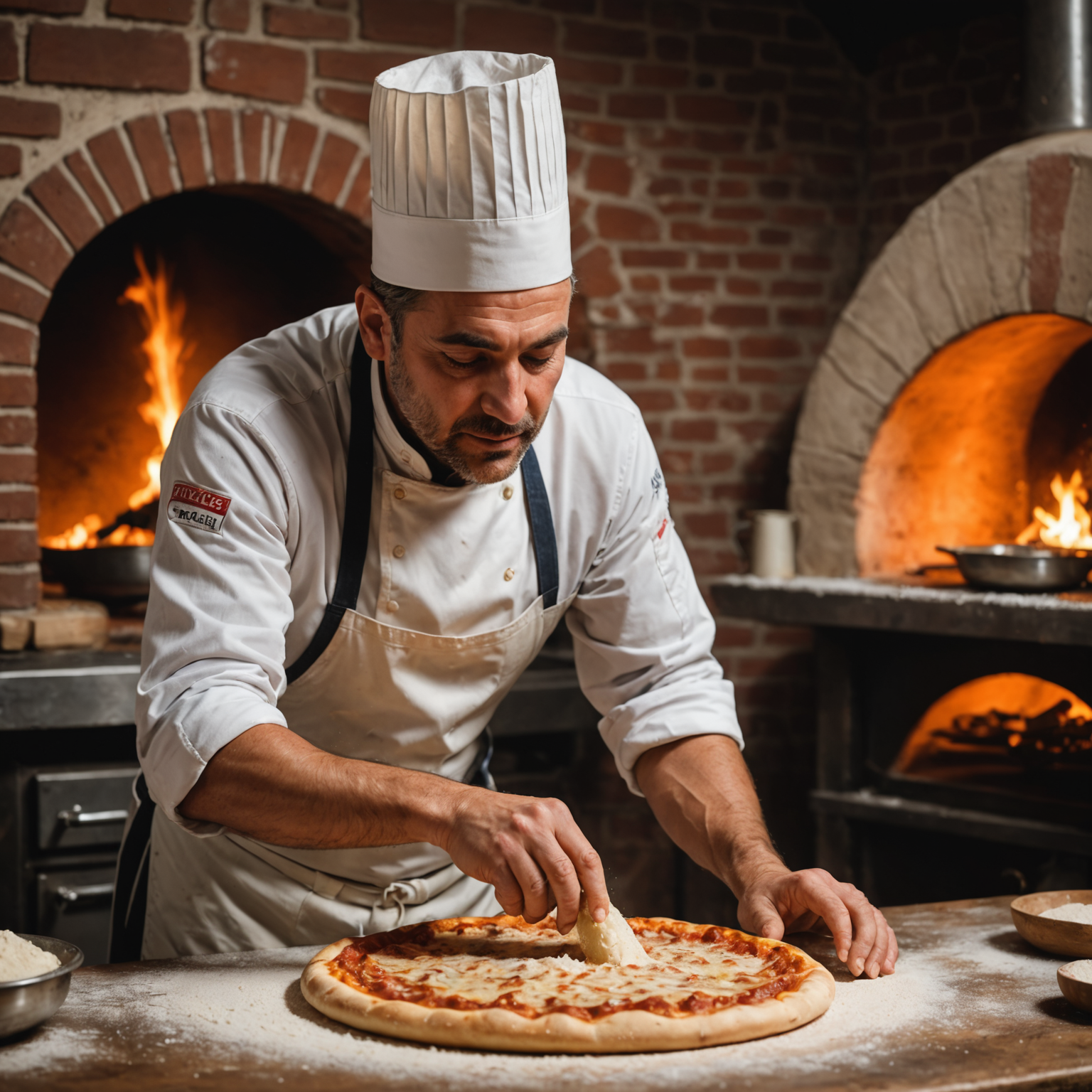 Professional pizzaiolo chef Marco Benedetti stretching fresh pizza dough by hand in a traditional Italian kitchen, flour dust in air, wood-fired oven glowing in background, artisanal craftsmanship close-up