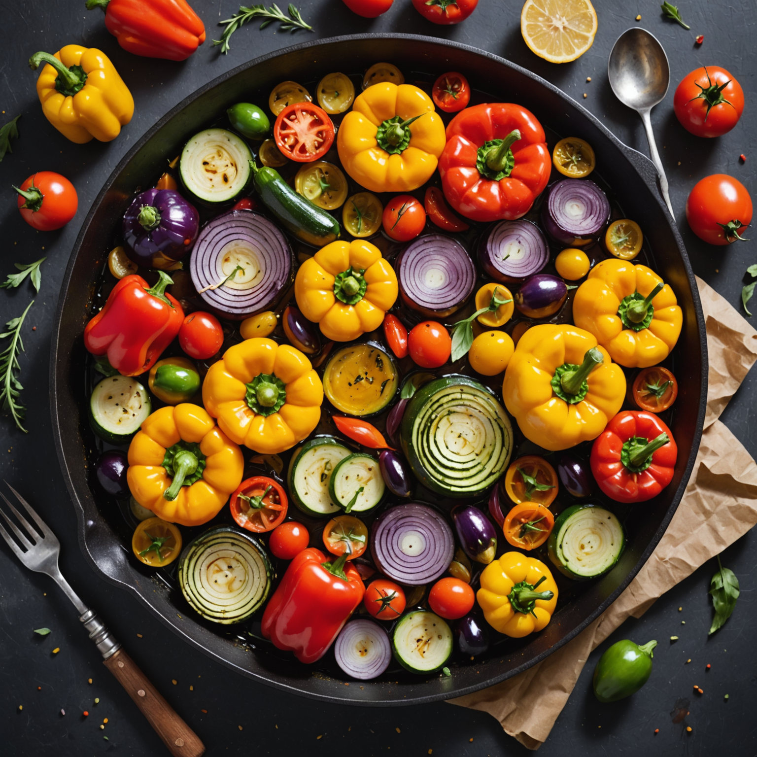 Colorful array of roasted seasonal vegetables including red and yellow bell peppers, zucchini, eggplant, cherry tomatoes, and red onions, perfectly charred and glistening with olive oil