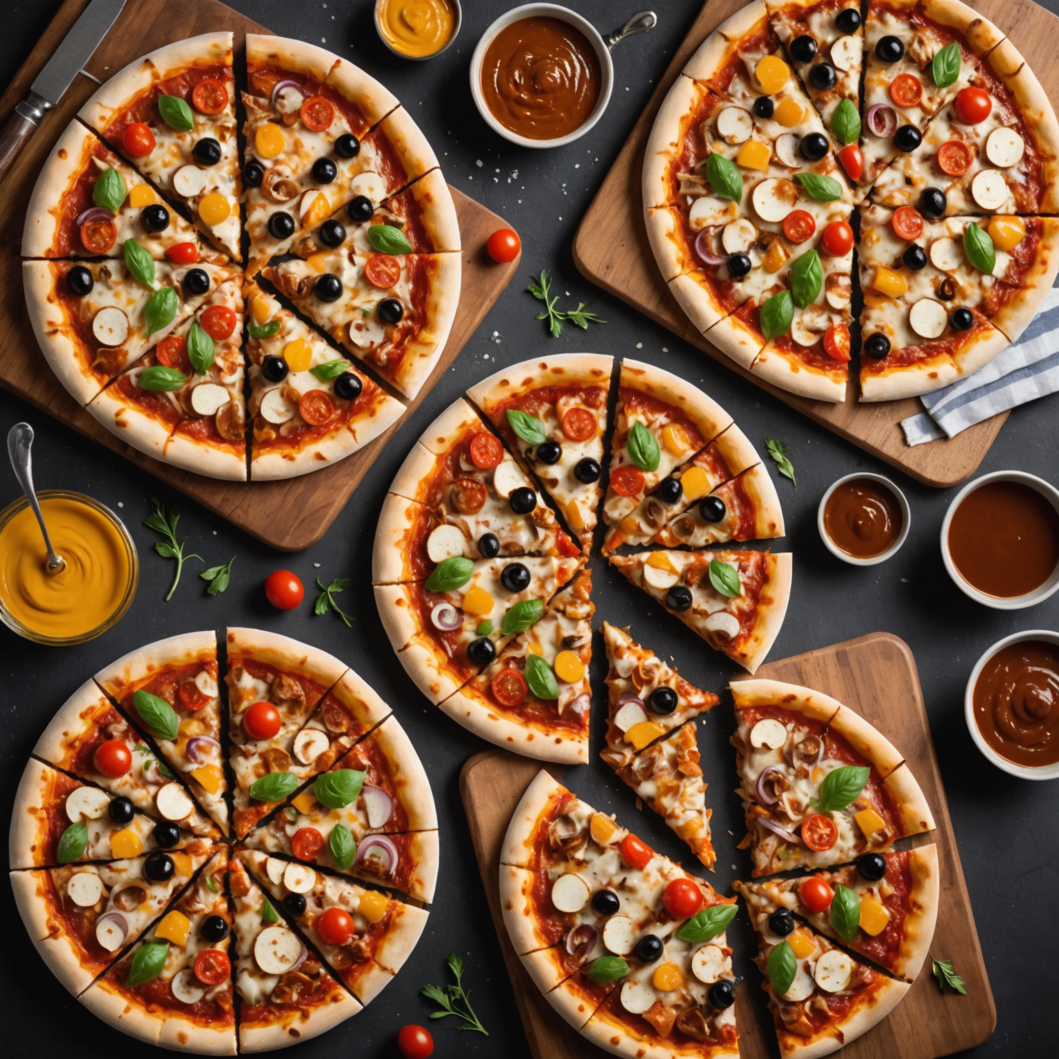 Professional food photography showing three specialty Pizzaiolo pizzas on a wooden board - Canadian Harvest with colorful vegetables, Maple BBQ Chicken with golden sauce, and Coast to Coast with diverse toppings, with small Canadian flags as garnish