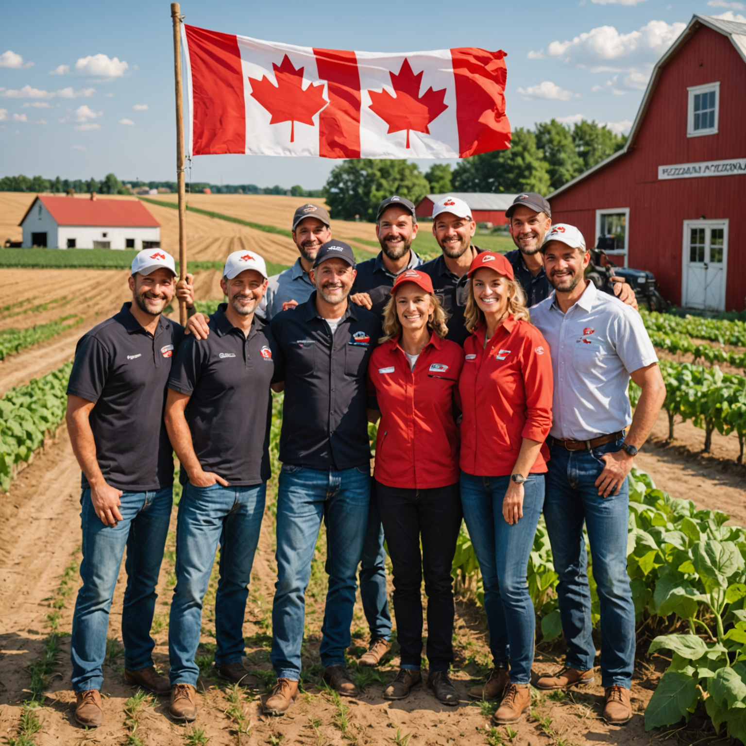 Group photo of Pizzaiolo team members and partner farmers celebrating their partnership, standing together in front of a farm with Canadian flag visible, representing the successful collaboration between pizzaiolo delivery service and local agriculture
