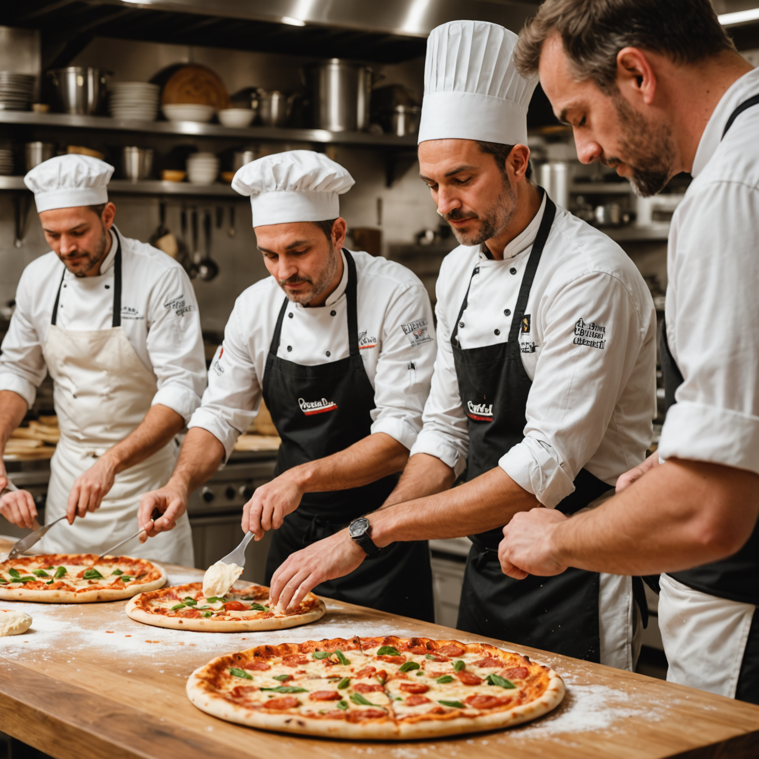 Interactive pizza making class with experienced pizzaiolo chef teaching students authentic Italian techniques, hands-on dough preparation, participants tossing pizza dough, fresh ingredients on wooden table, and group learning in professional kitchen setting