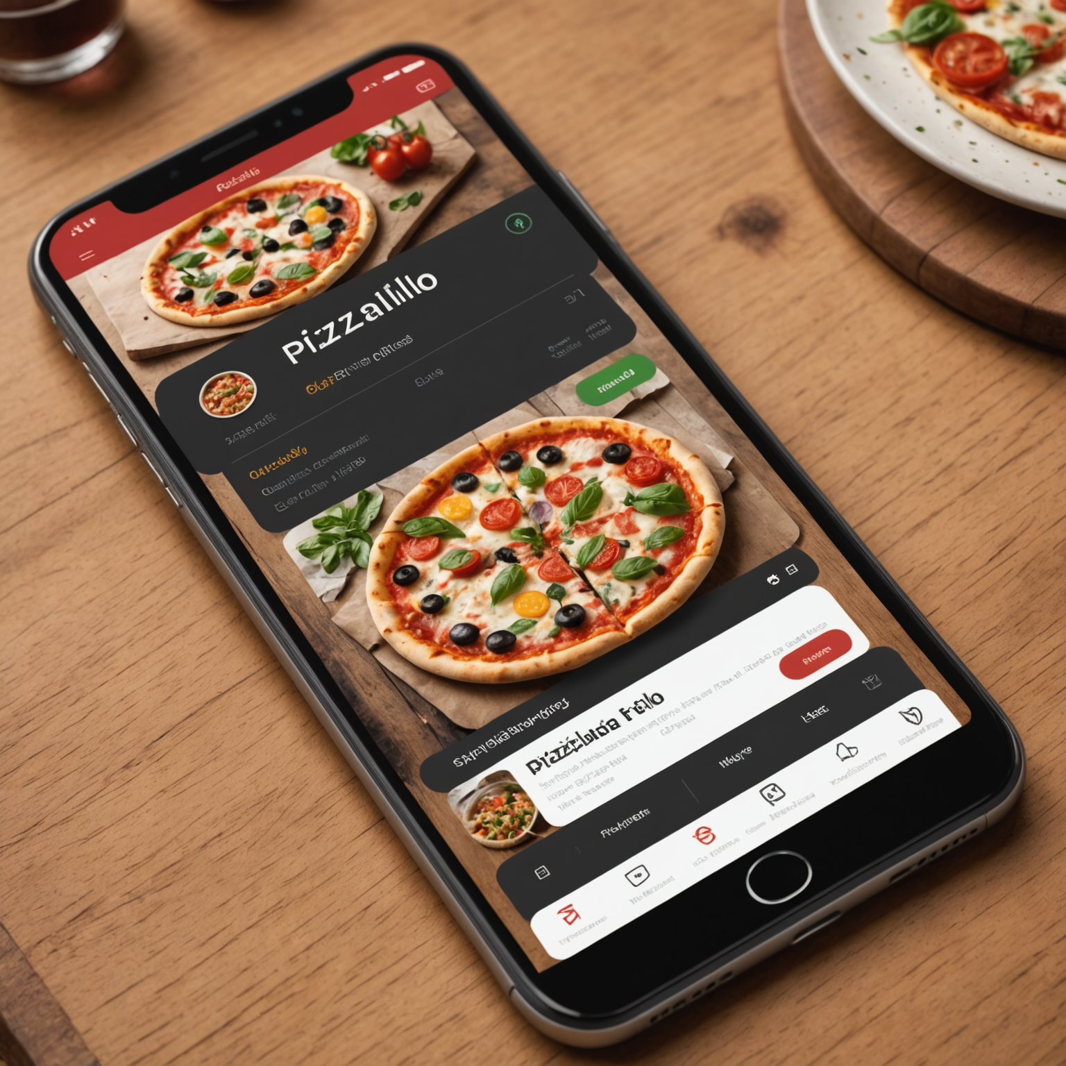 Pizzaiolo mobile app interface displaying various features including menu, customization, and order tracking