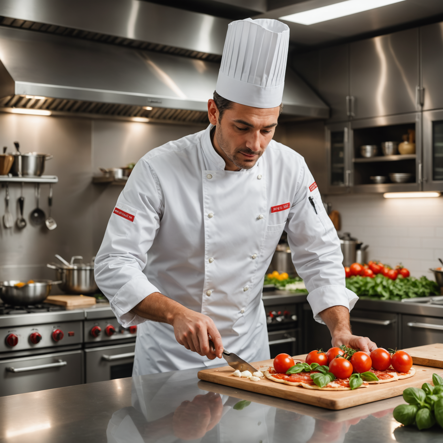 Professional pizzaiolo in white chef uniform carefully inspecting fresh ingredients including vibrant red tomatoes, green basil leaves, and premium mozzarella cheese in a clean modern kitchen with stainless steel surfaces