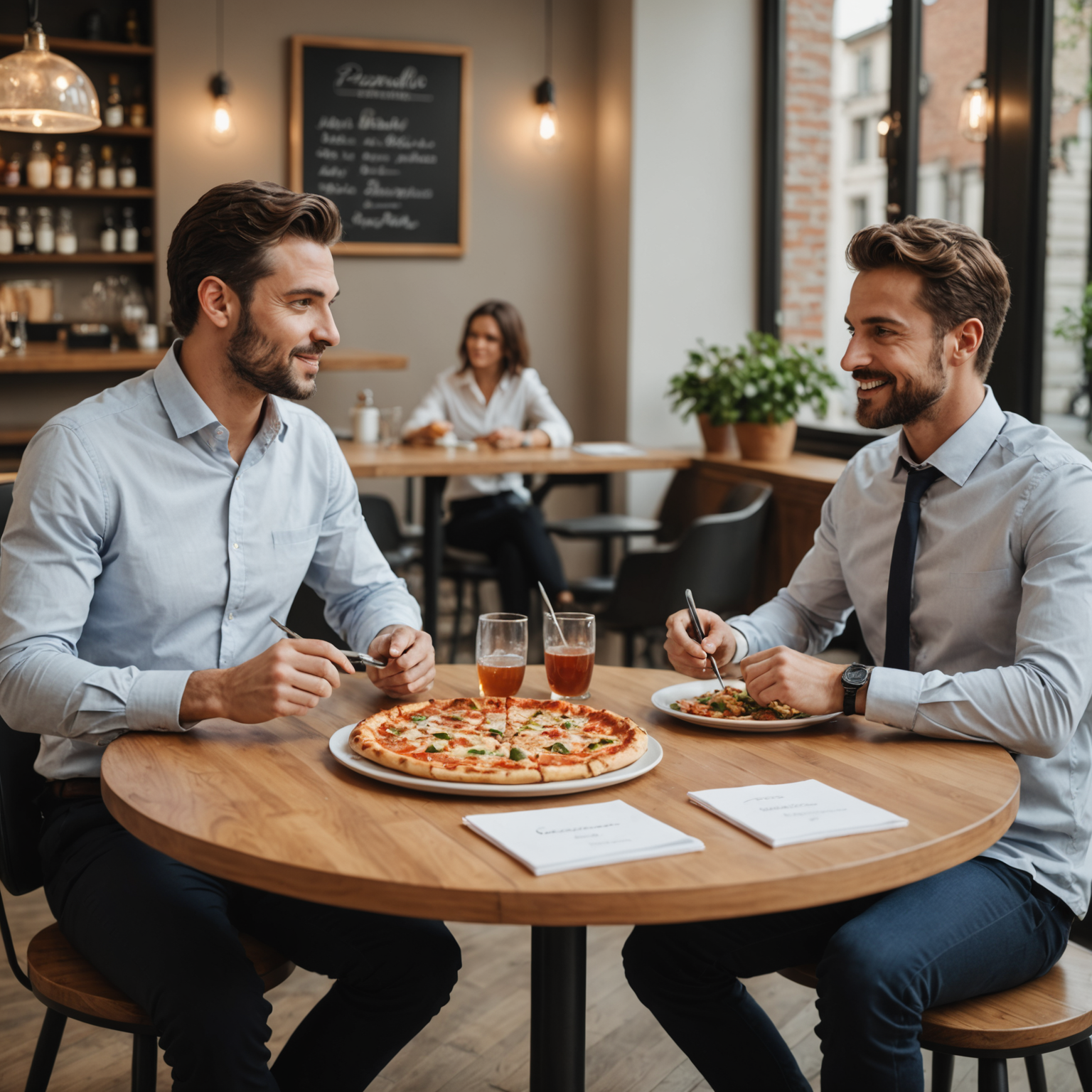 Business professional meeting with Pizzaiolo account manager to discuss corporate lunch subscription plans and menu options