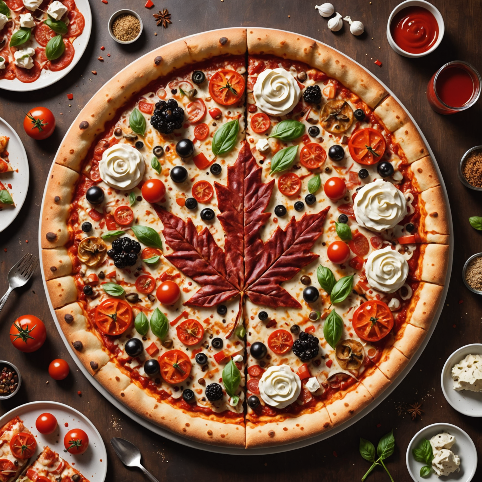 Artistic rendering of a pizza with Canadian maple leaf pattern made from toppings, surrounded by images of diverse Canadian cities and landmarks, red and white color palette, inspiring and aspirational composition showing Pizzaiolo's vision for nationwide service