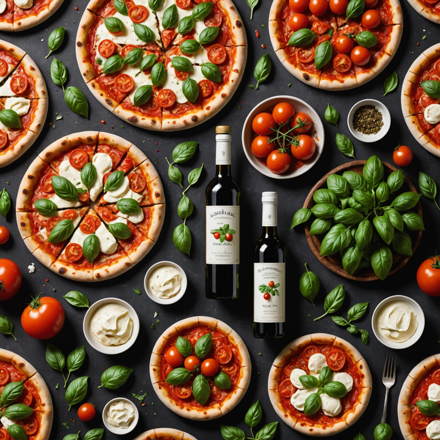 An artful display of premium pizza ingredients including San Marzano tomatoes, fresh mozzarella di bufala, vibrant basil leaves, and bottles of extra virgin olive oil from Puglia