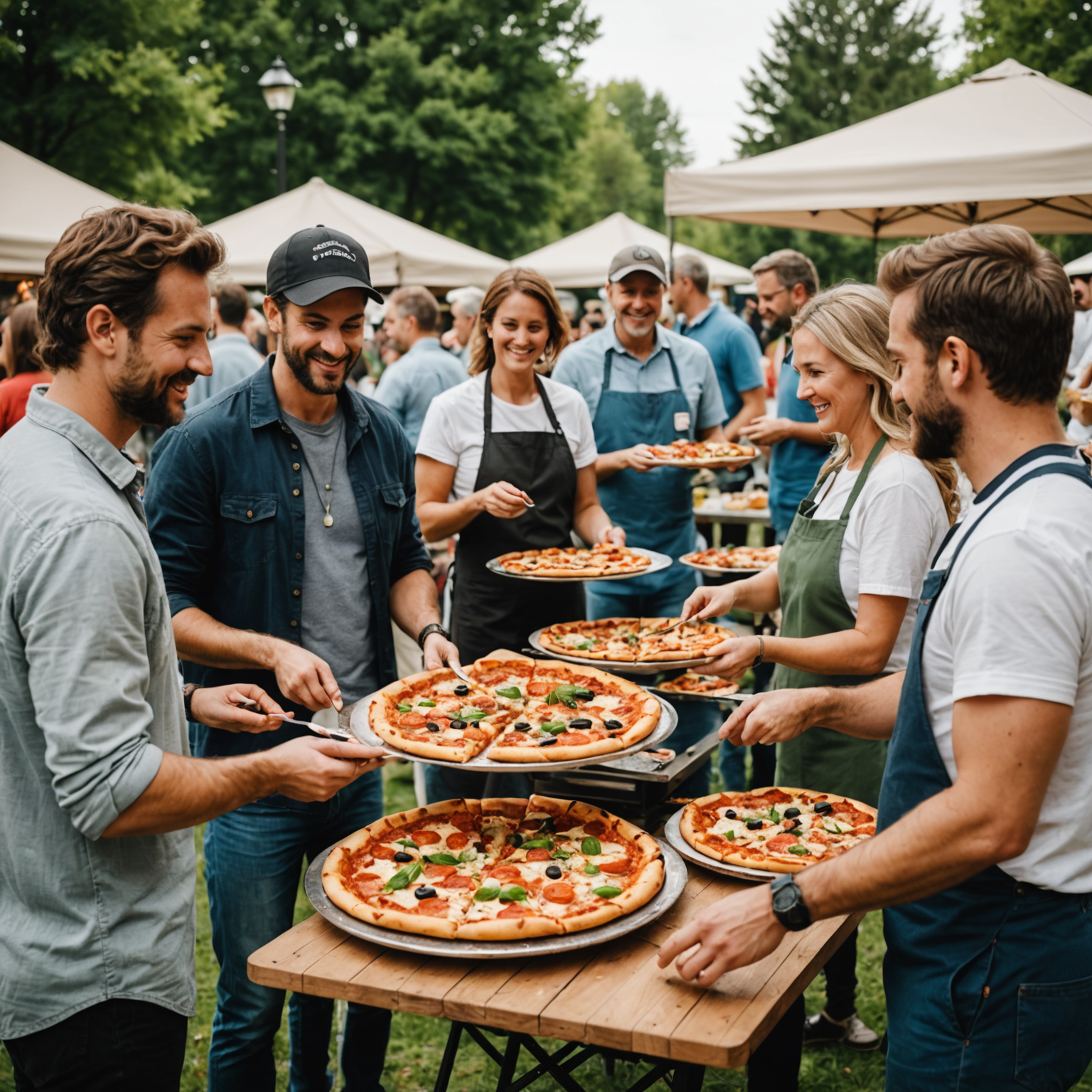 Community gathering with pizzaiolo catering serving diverse group of people at outdoor event, casual atmosphere with multiple pizza varieties