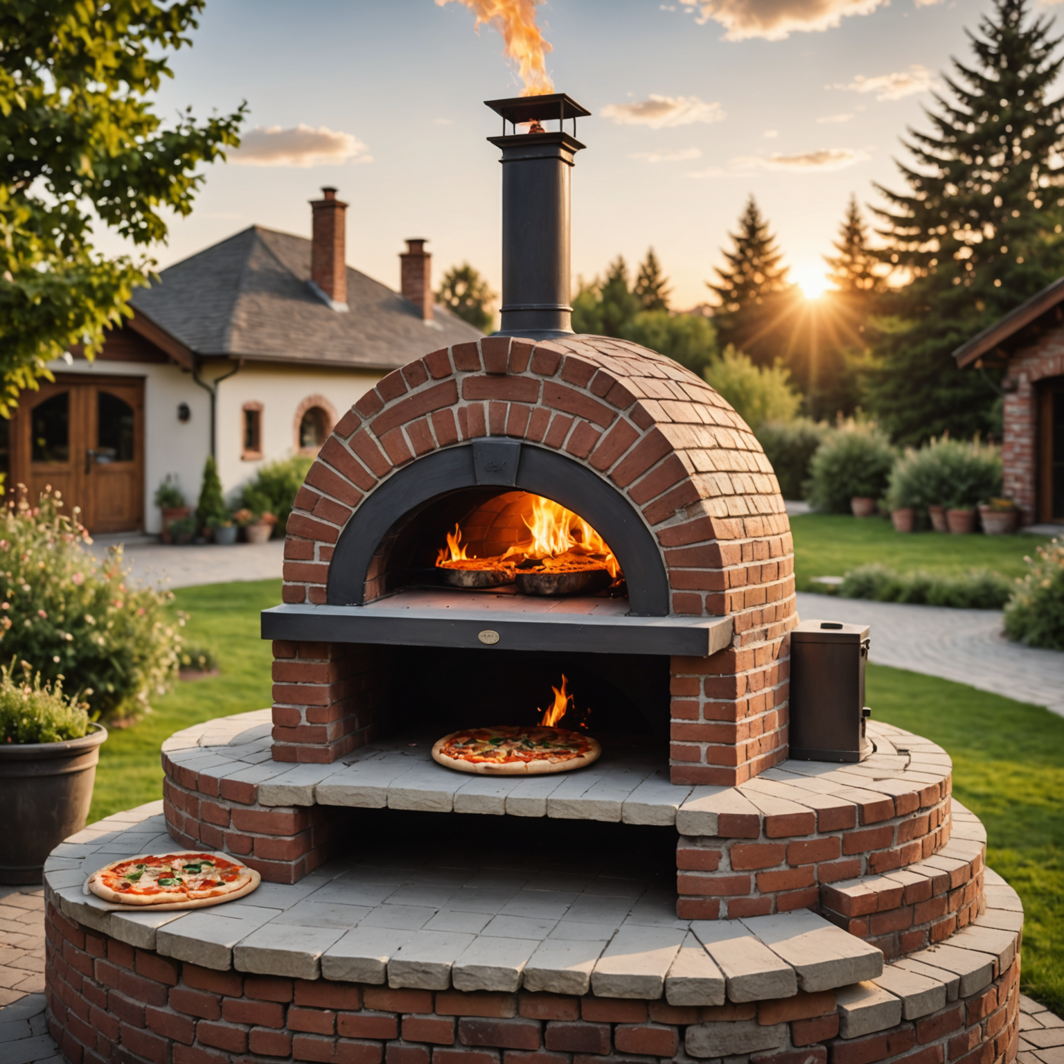 Traditional brick wood-fired pizza oven with flames visible inside, a pizza being inserted on a long wooden peel, and the characteristic dome-shaped structure with a chimney
