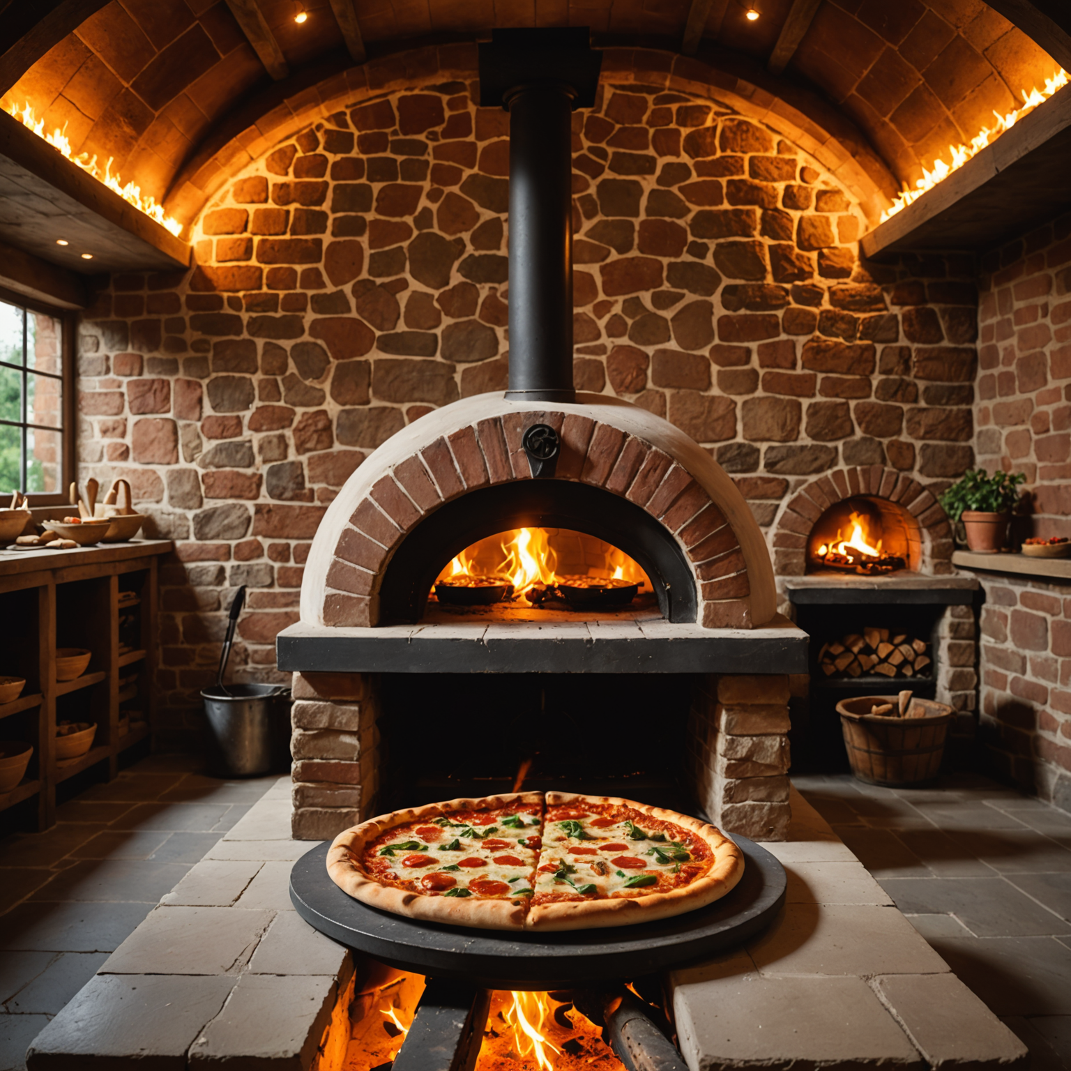 The glowing interior of Pizzaiolo's wood-fired oven with flames dancing and a pizza cooking on the stone floor, reaching the perfect 485°C temperature