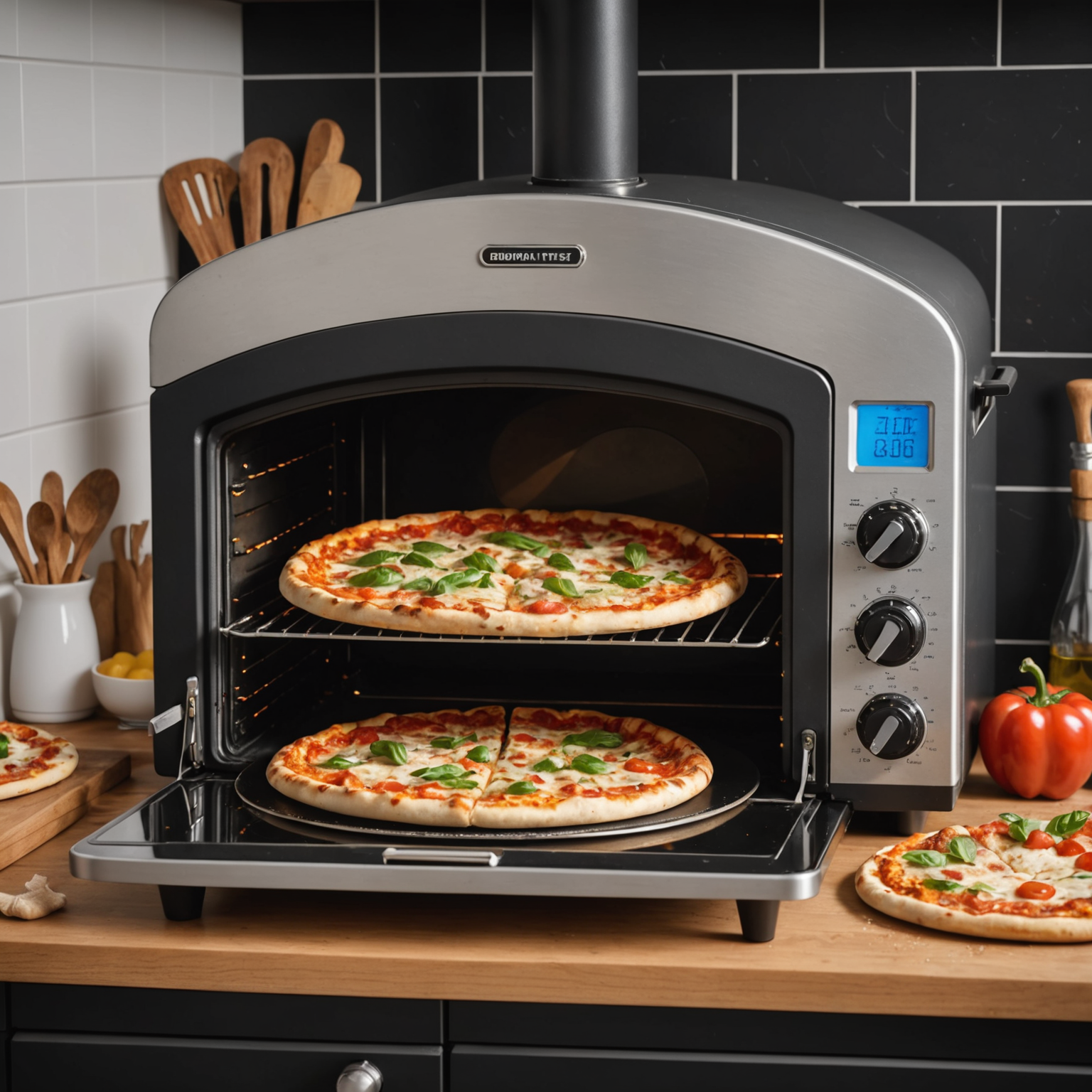 Modern home kitchen oven with a pizza stone inside, thermometer showing high temperature, and a perfectly baked pizza with golden crust being removed with a pizza peel