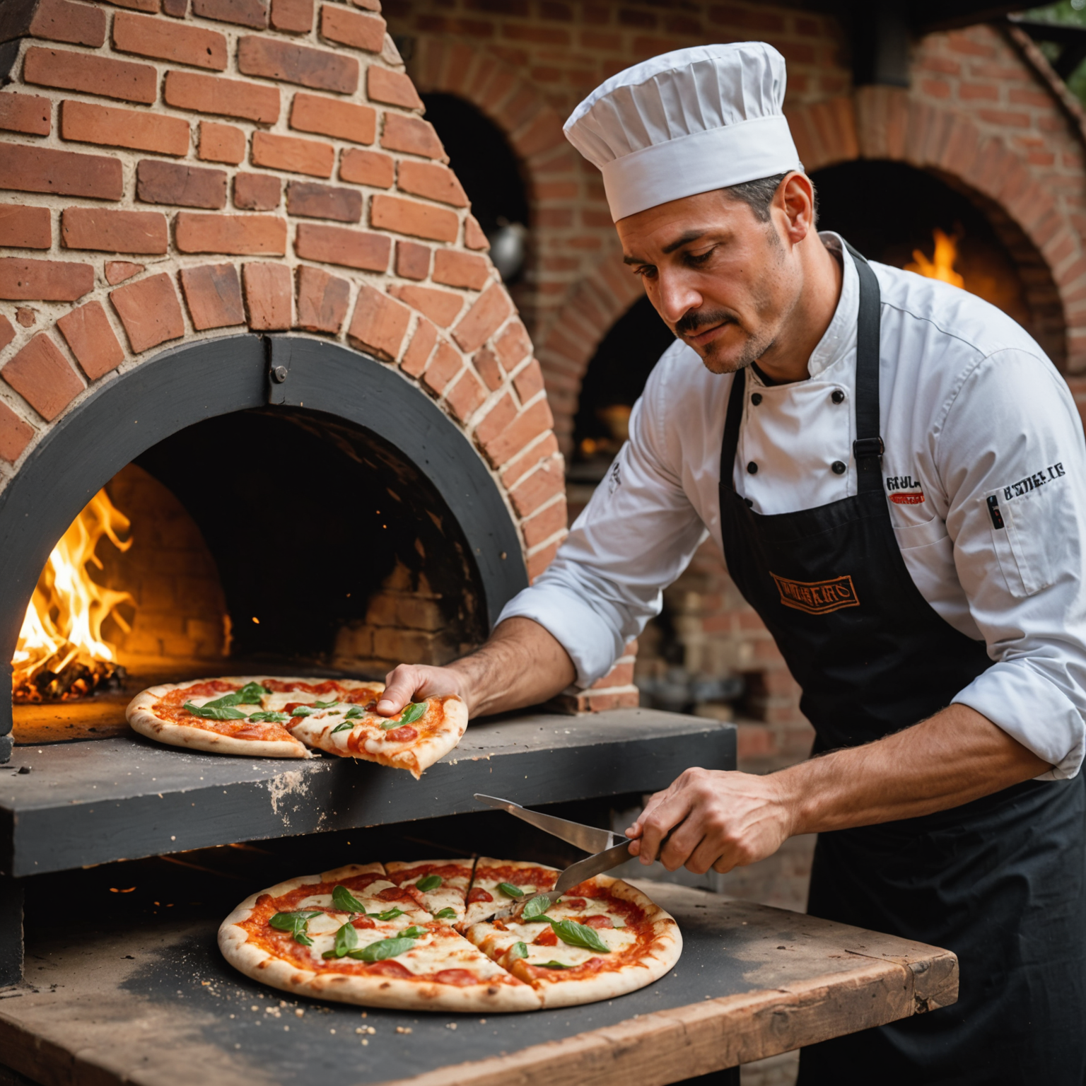 Chef Marco using a traditional long wooden peel to expertly rotate a pizza inside the wood-fired oven, ensuring even cooking and perfect charring on the crust