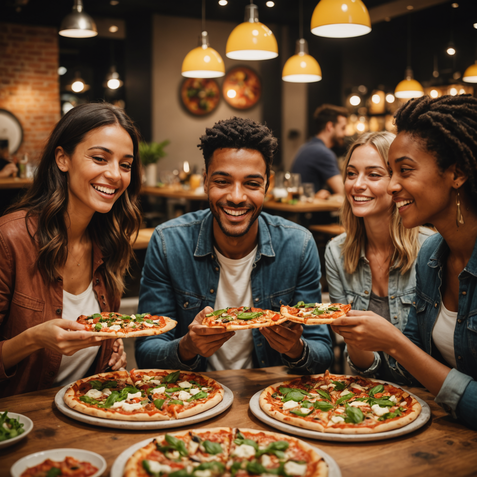Diverse group of happy customers enjoying vegan pizzas at a modern restaurant table, showing genuine smiles and satisfaction, with pizzas prominently displayed, warm lighting creating inviting atmosphere