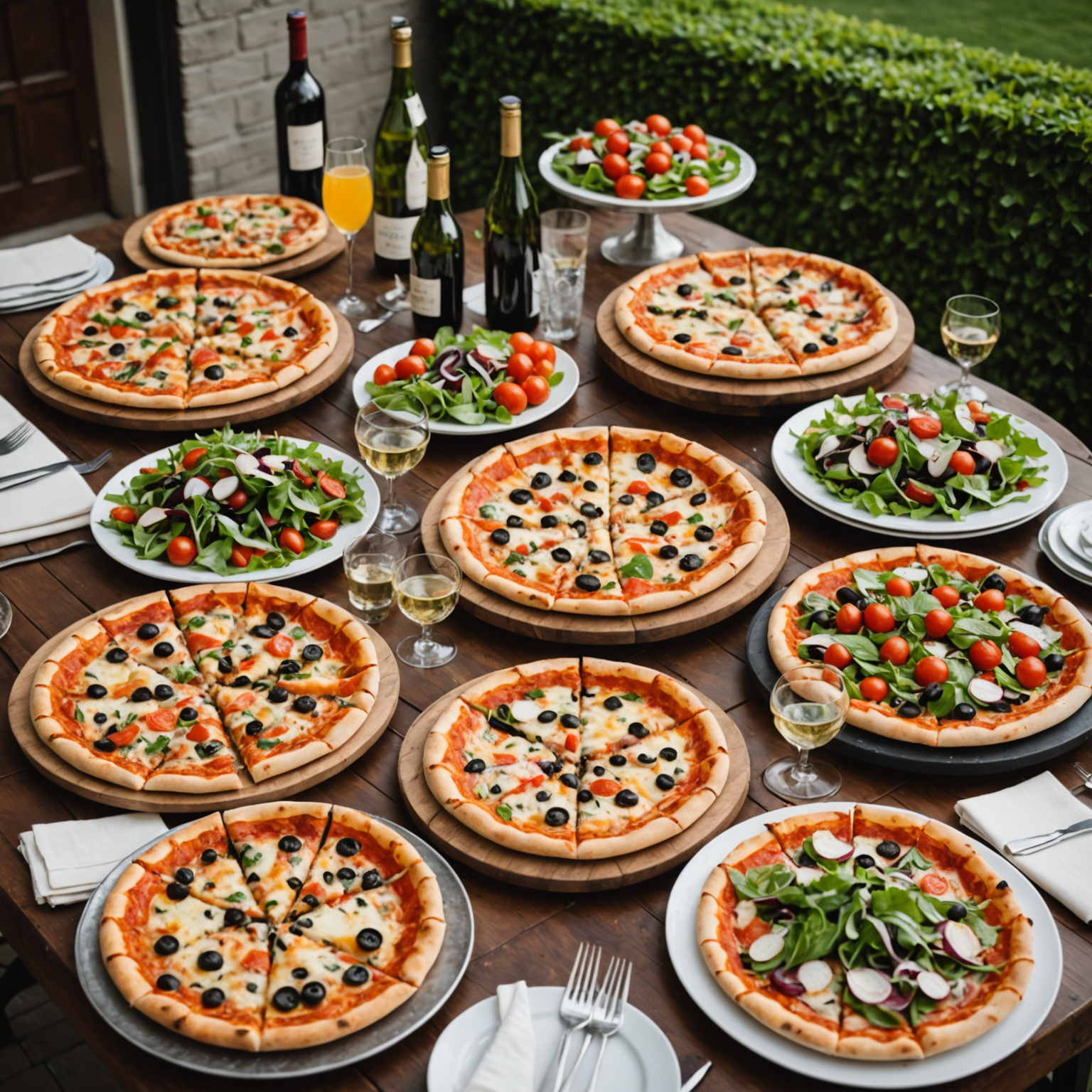 Premium catering package featuring five specialty pizzaiolo pizzas, fresh garden salad, beverages, and professional serving setup with eco-friendly materials