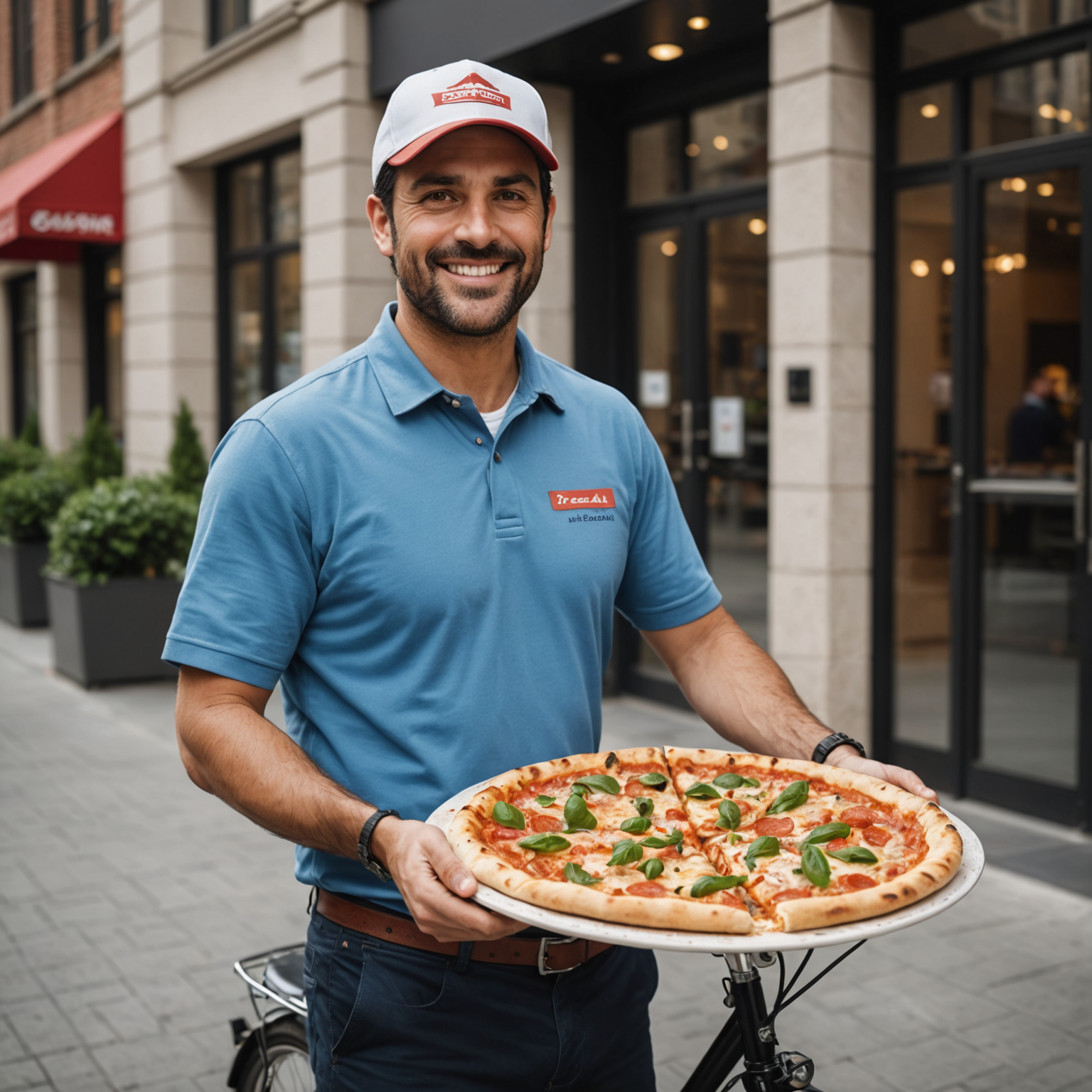 Professional Pizzaiolo delivery driver arriving at corporate office reception with fresh pizza order for scheduled business lunch