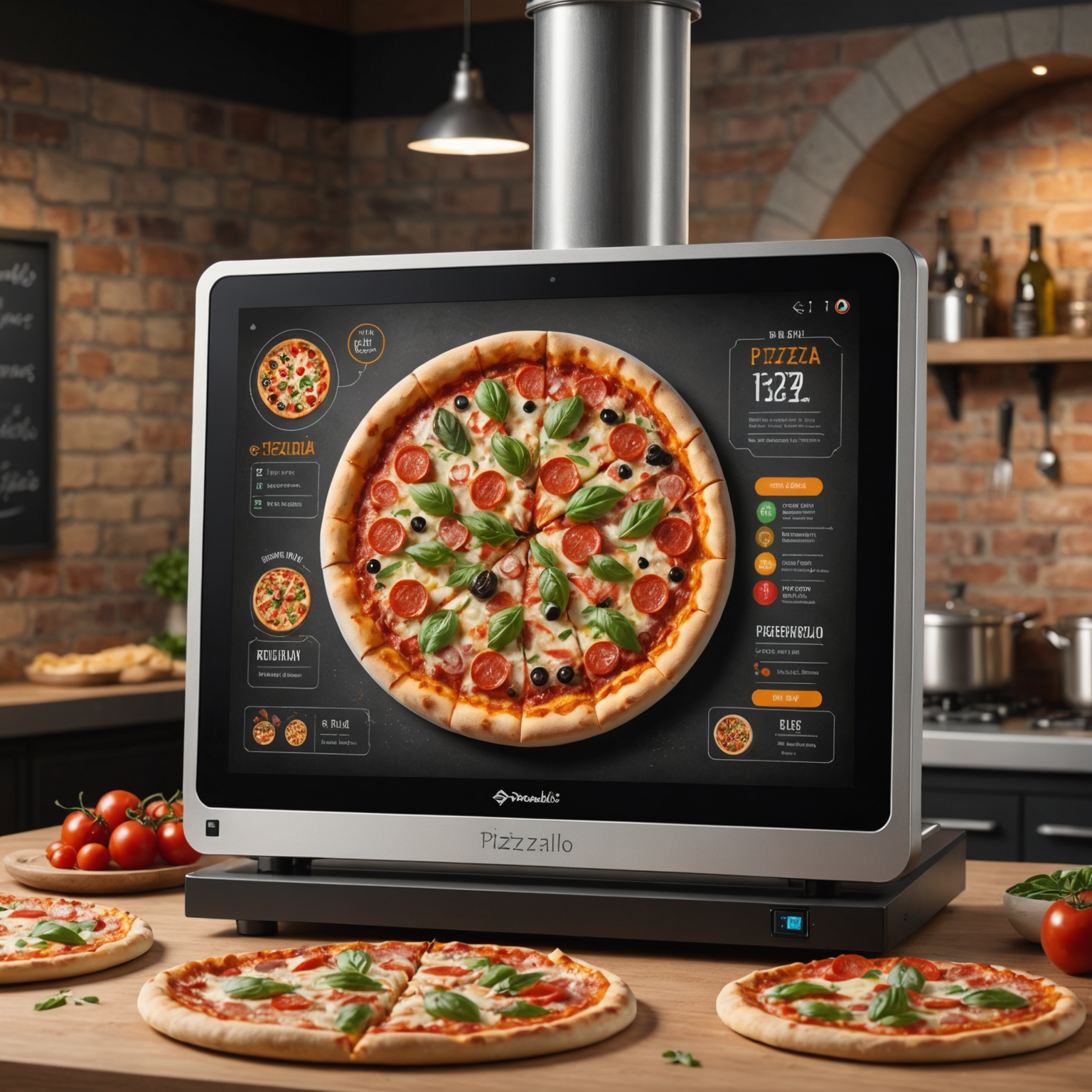 Modern digital display screen showing real-time pizza preparation stages for online orders, from dough preparation through baking to delivery, demonstrating Pizzaiolo's blend of tradition and technology