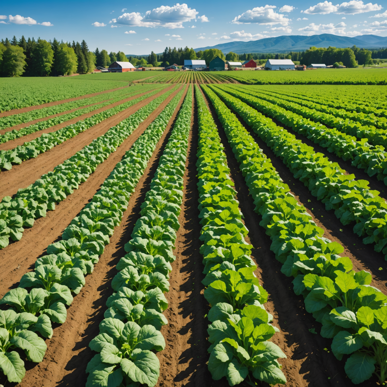 Lush organic vegetable farm with rows of healthy crops, farmers working in the field, bright blue sky, showcasing sustainable agriculture practices and local food production in Canada