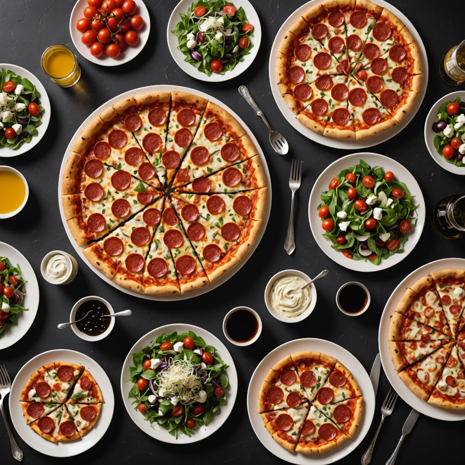 Deluxe catering package with extensive pizzaiolo pizza selection, appetizers, salads, desserts, premium table settings and professional full-service setup