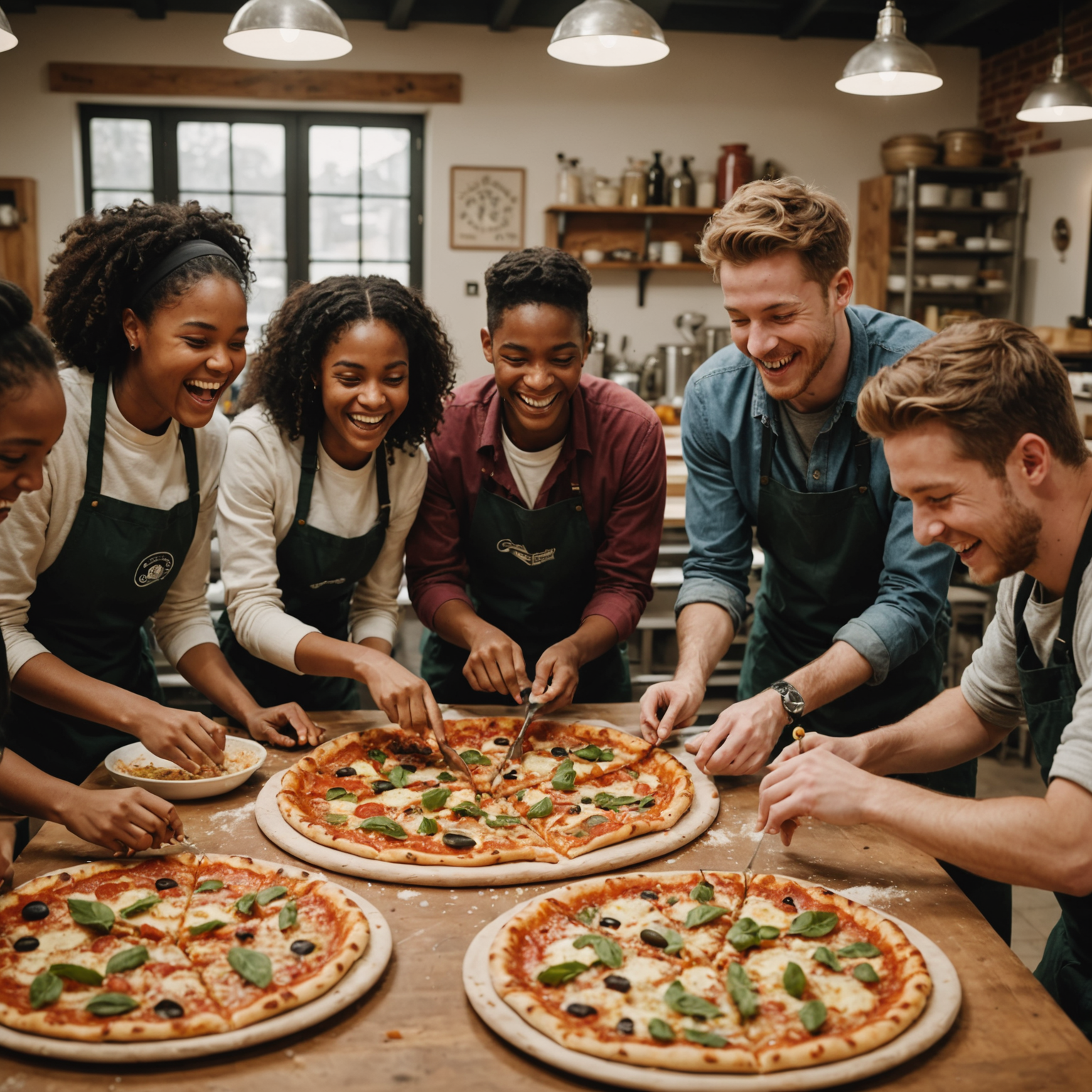Group of six diverse students laughing and working together at a large communal table covered with pizza-making ingredients, with an instructor demonstrating techniques